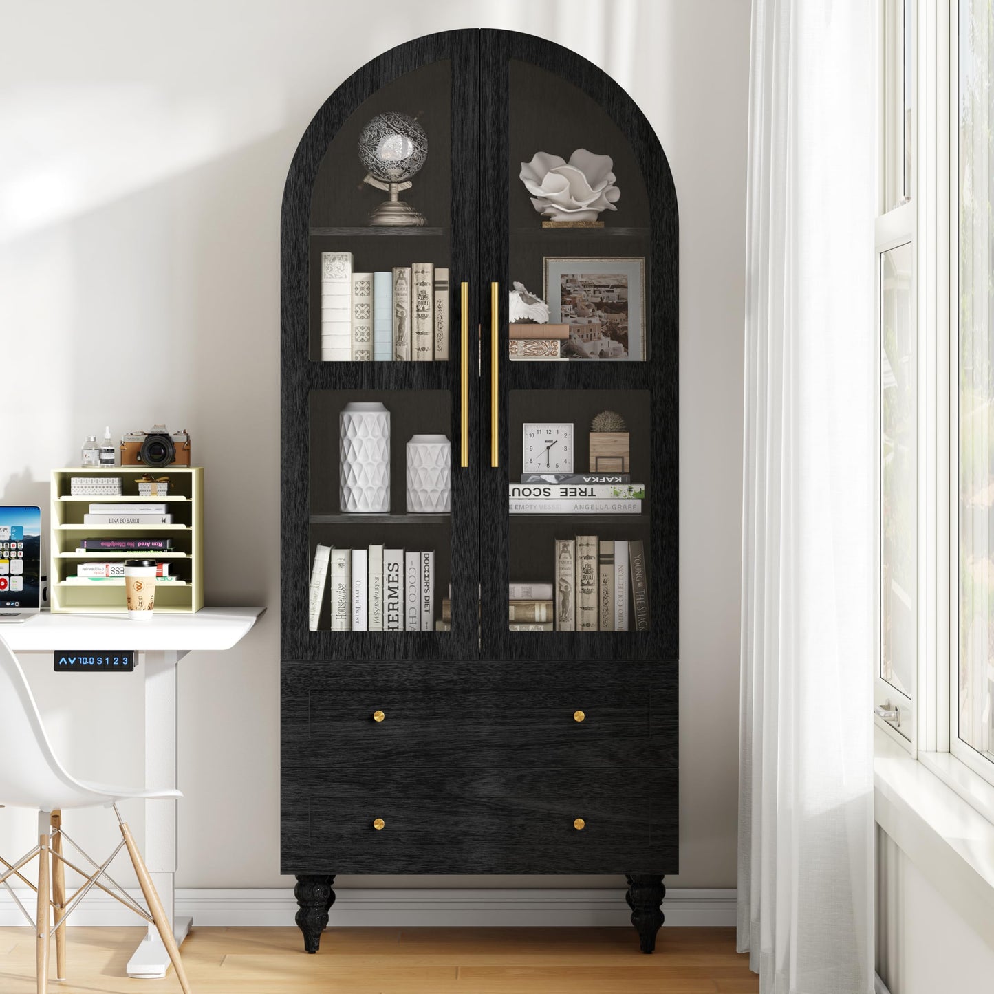 Shintenchi Tall Arched Kitchen Pantry, Modern Farmhouse Wood Kitchens Storage Cabinet with Glass Doors & Adjustable Shelves and 2 Large Drawers,Versatile Cupboard for Kitchen, Dining Room, Black