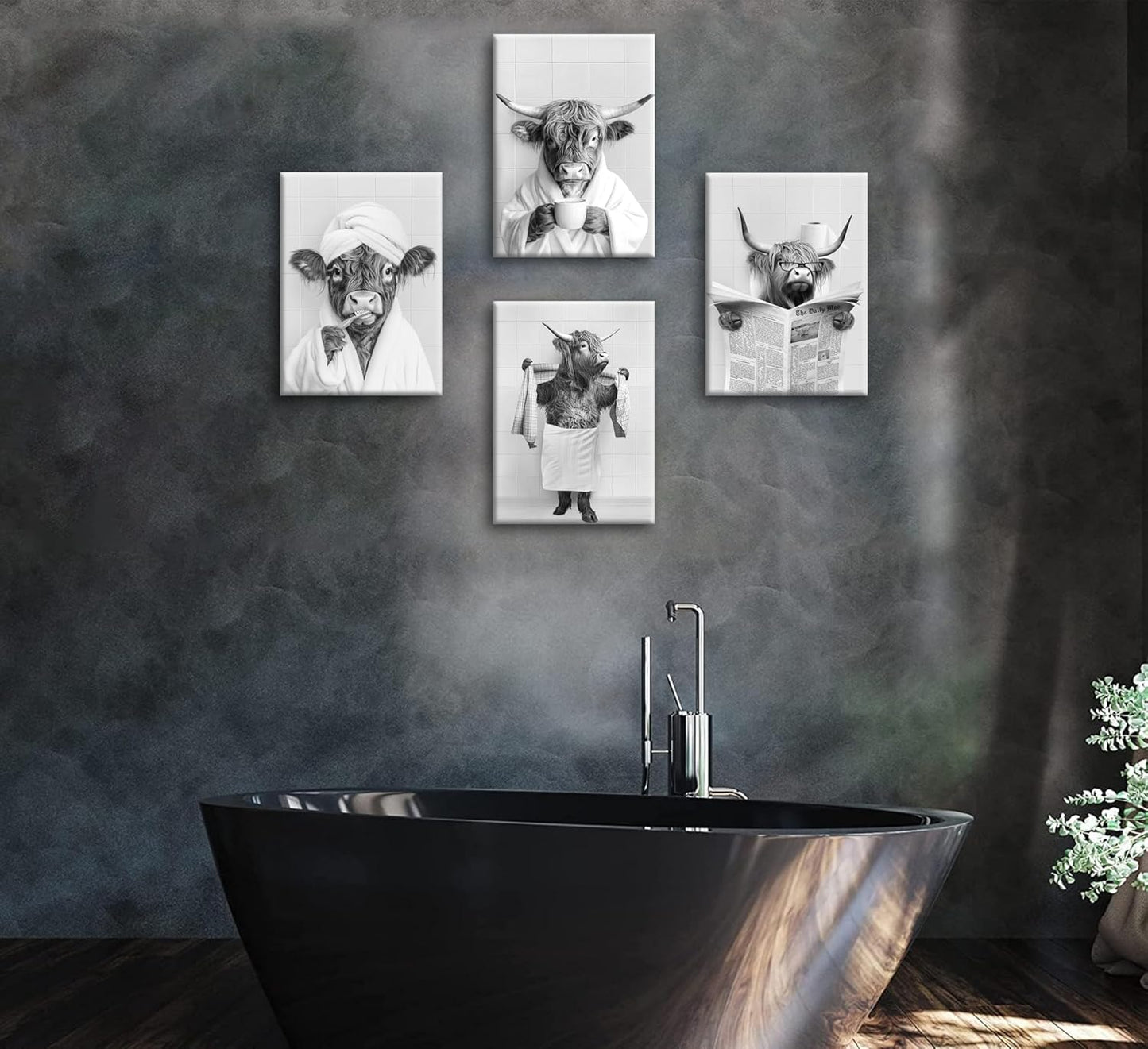 Skiennix Funny Highland Cow Bathroom Wall Art - Rustic Farmhouse Prints Set of 4 | Black & White Decor