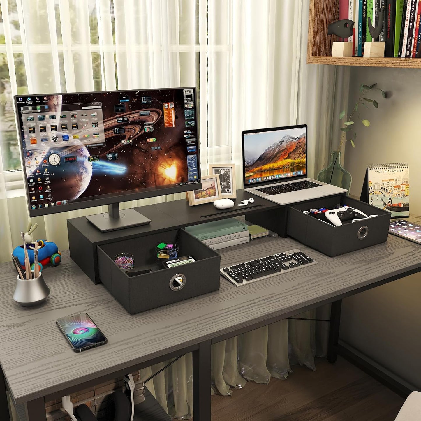 2 WESTREE Dual Monitor Stand Riser with Two Drawers, Extra Large Storage Monitor Stand for Monitors, Desktop Oraganizer