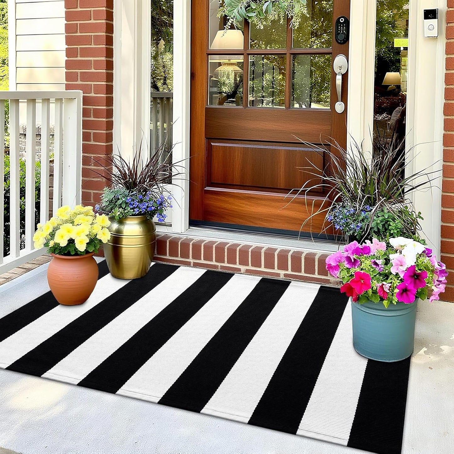 OLANLY Striped Rug - Washable Black and White Cotton Doormat | 2'4" x 3'7" for Indoor/Outdoor Use