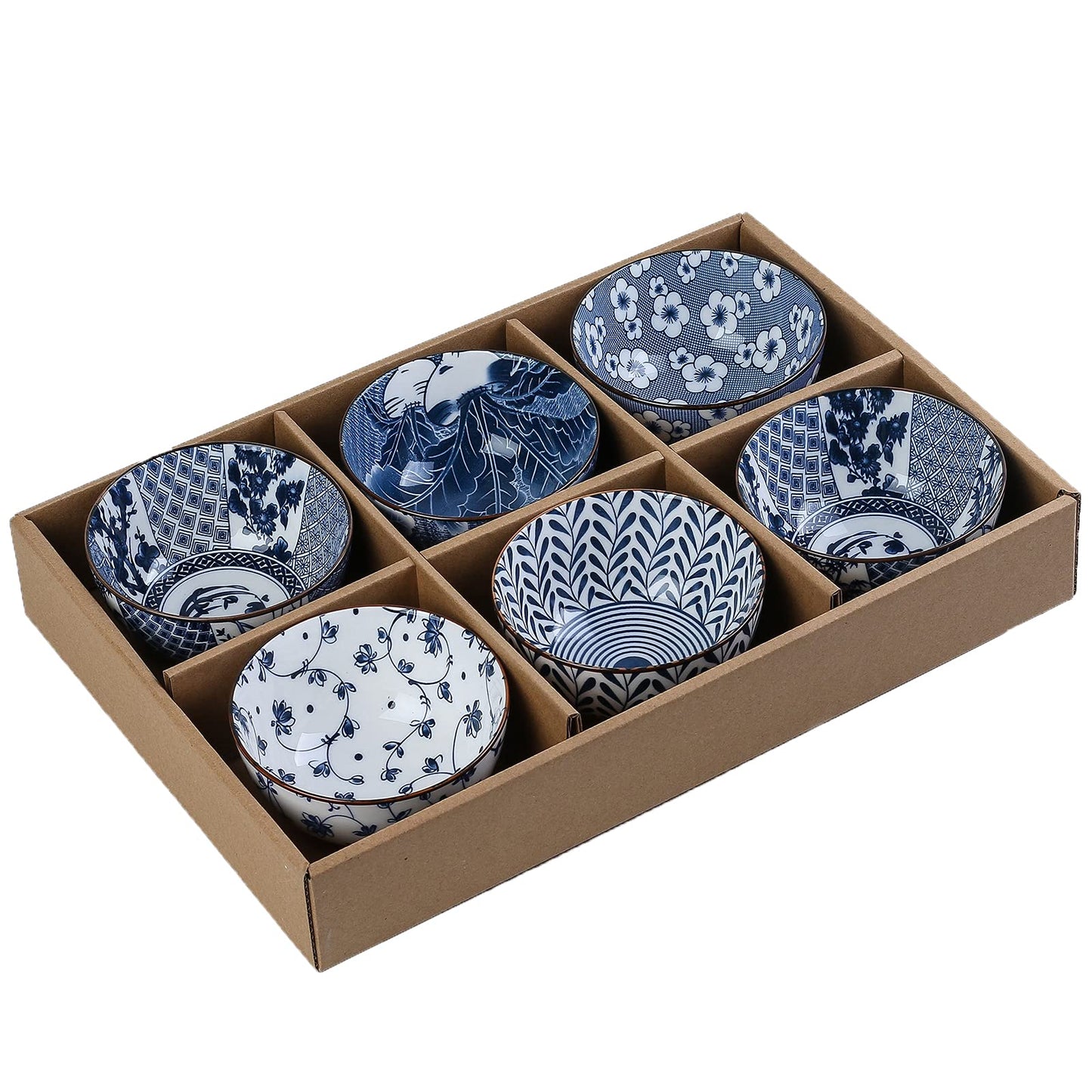 Gegong 6 Pack Ceramic Bowls, Japanese Style , 10 Ounces Thickening Blue and white porcelain Rice /Cereal Bowls for Kitchen, Suitable for microwave, ovens, dishwashers (mixing)