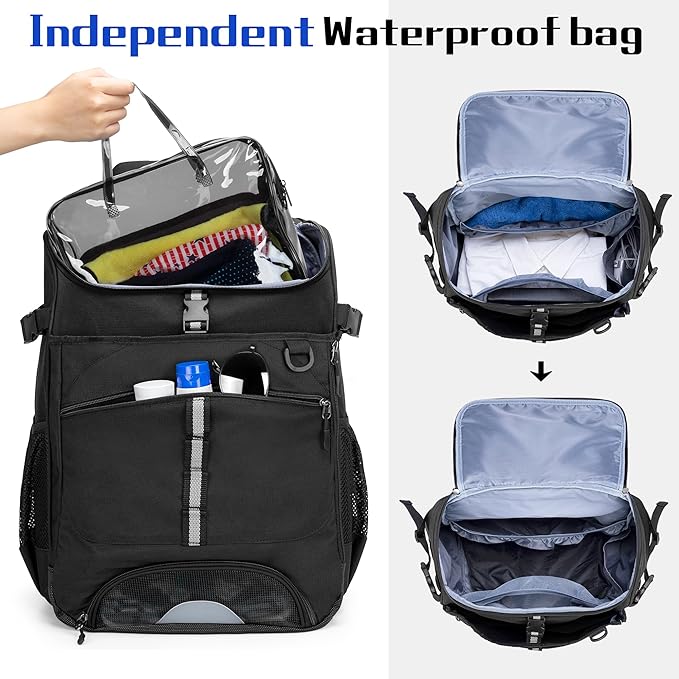 Swim Backpack for Swimmers, Swim Equipment Bag with Additional PVC Transparent Bag for Workout Gear, Swimming Backpack for Swimming, Pool, Beach and Gym, Black