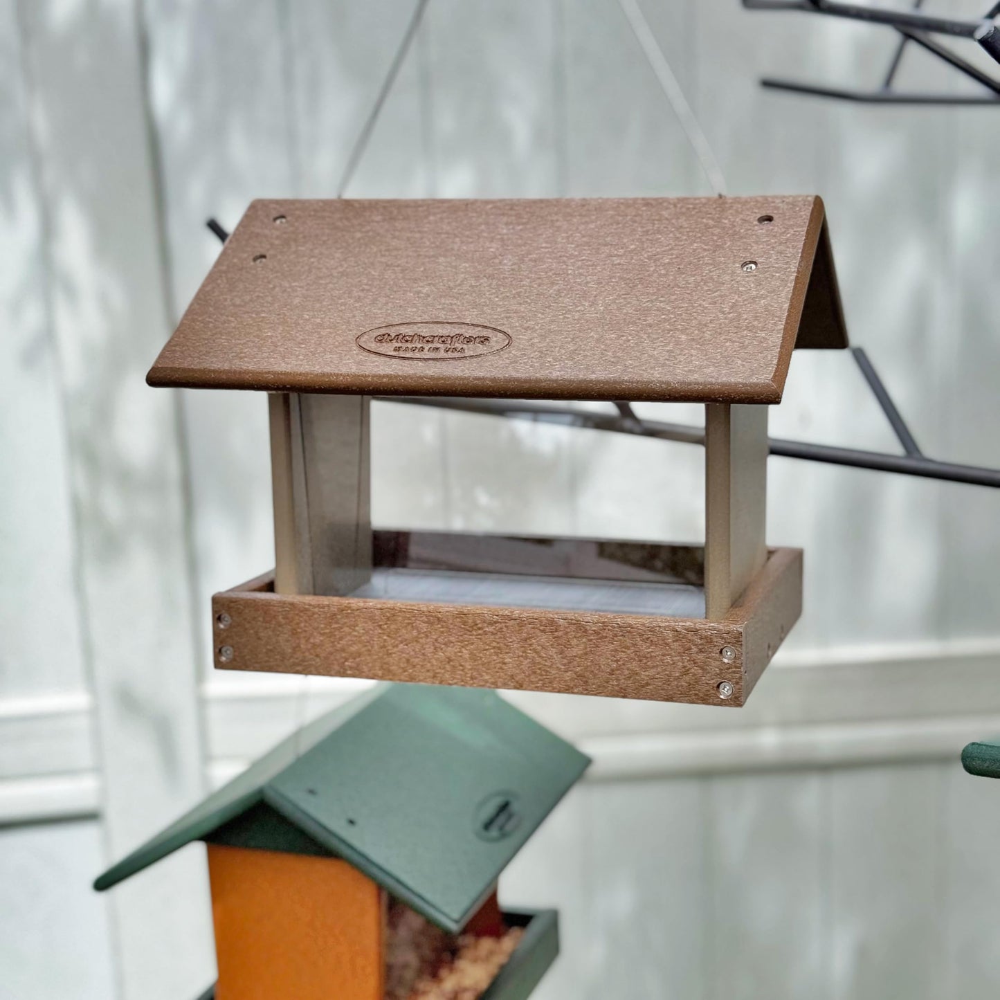 DutchCrafters Poly Hanging Hopper Bird Feeder, Large Hanging Bird Feeder for Outside, Outdoors - Amish American Made (Tudor Brown & Weatherwood)