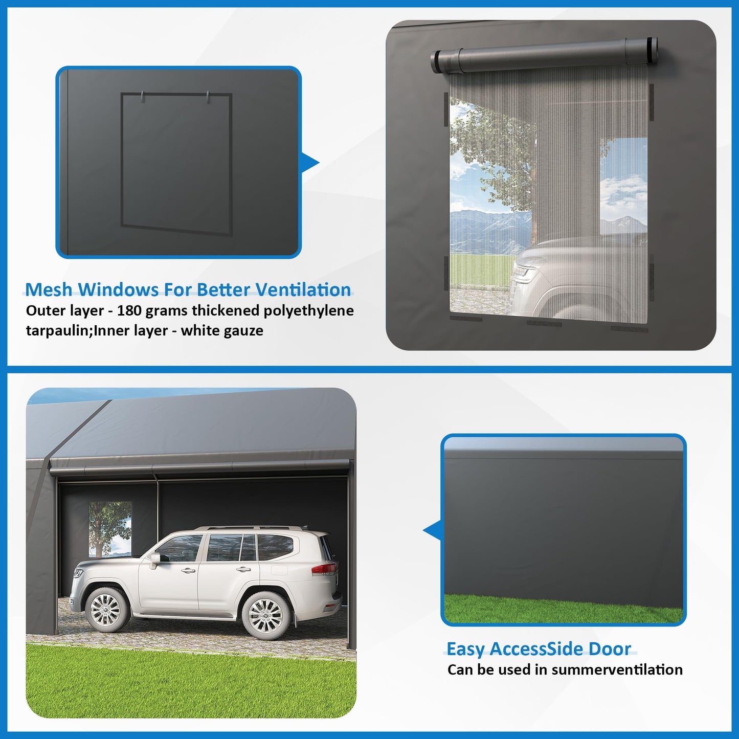 Polar Aurora 20x20 FT Heavy Duty Carport with All-Season Tarp, Portable Car Tent Garage with Roll-Up Windows & Side-Opening Door, Enclosed Car Port Canopy Tent with Galvanized Frame for Car, SUV, Boat