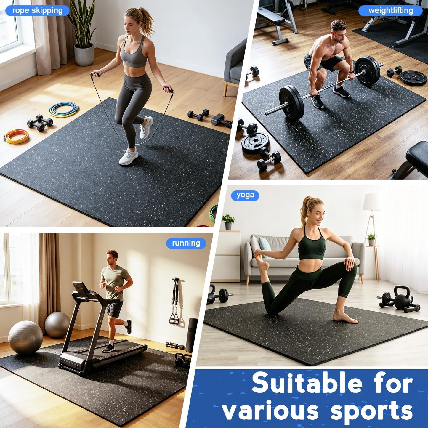 Rubber Gym Floor Mats, 12 Tiles 48 Sq Ft, 0.56" Thick Heavy Duty Gym Flooring for Home Gym, Exercise Equipment Mat for Treadmill, Weightlifting & Workout Area, Non-Slip Protective Flooring