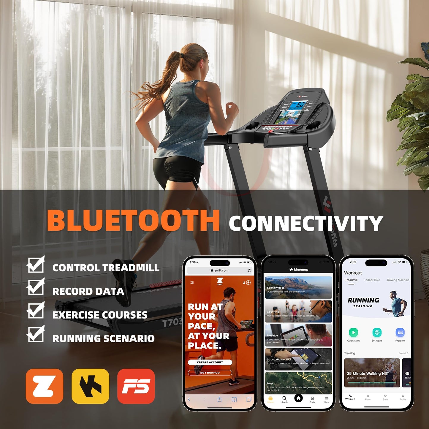 Winfita 4.0 HP Folding Treadmill with 15% Auto Incline (8.5°), 10 MPH Speed, 300 lb Capacity, 50" x 18" Belt, App Connectivity, Pause Function, 64 Preset Programs, BMI Detector for Home Use