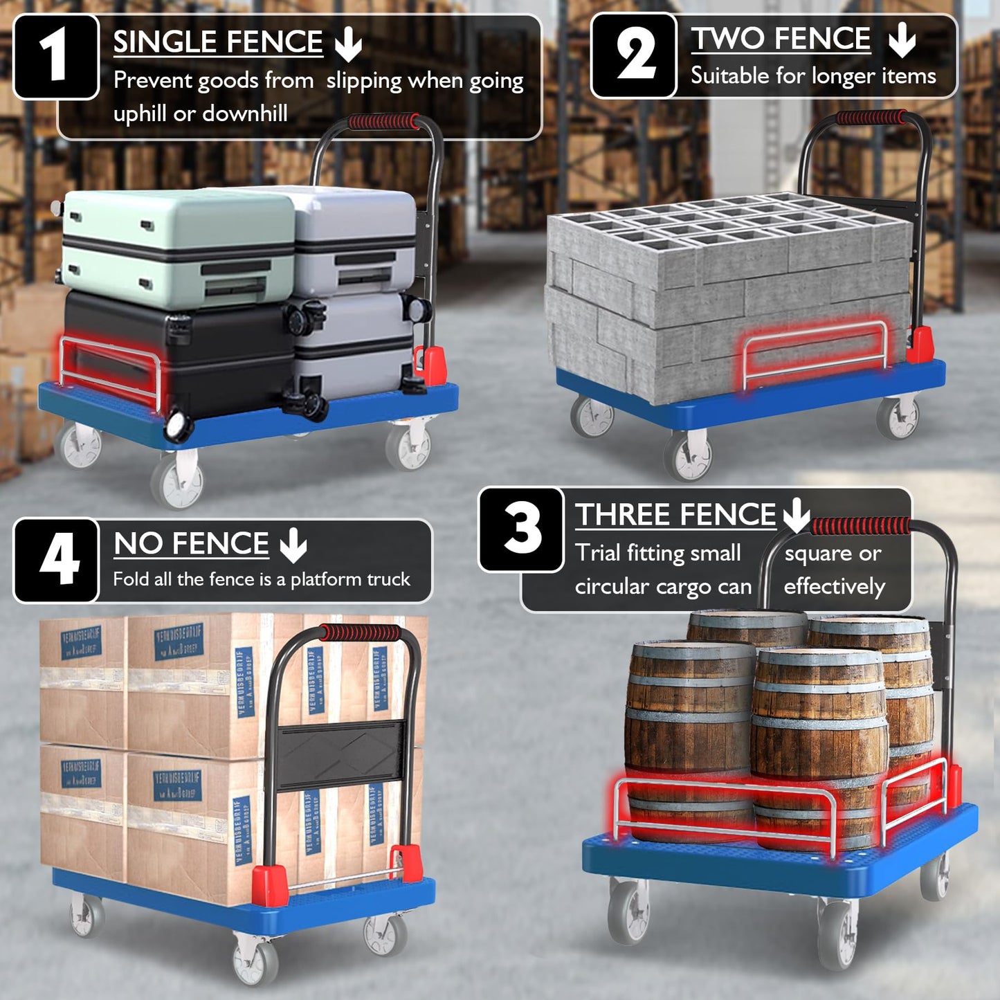 Heavy Duty Platform Truck Cart with Brake Wheels & Foldable Fences 1300lbs Capacity Flatbed Cart for Moving and Transport 36"x24" Moving Dolly for Warehouse/Industrial/Home, Blue