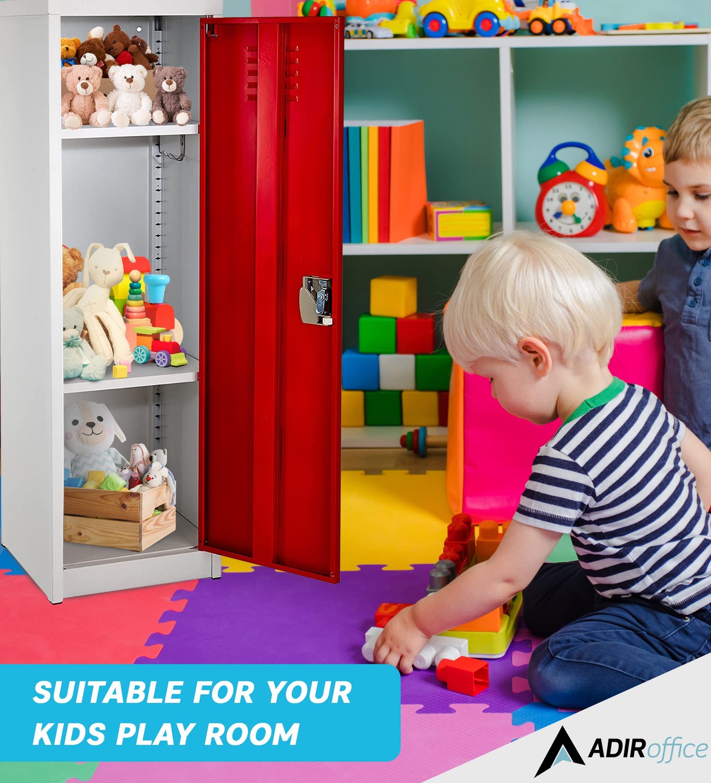 AdirOffice Kids Steel Metal Storage Locker - for Home & School - with Key & Hanging Rods (48 in 1 Door, Red)
