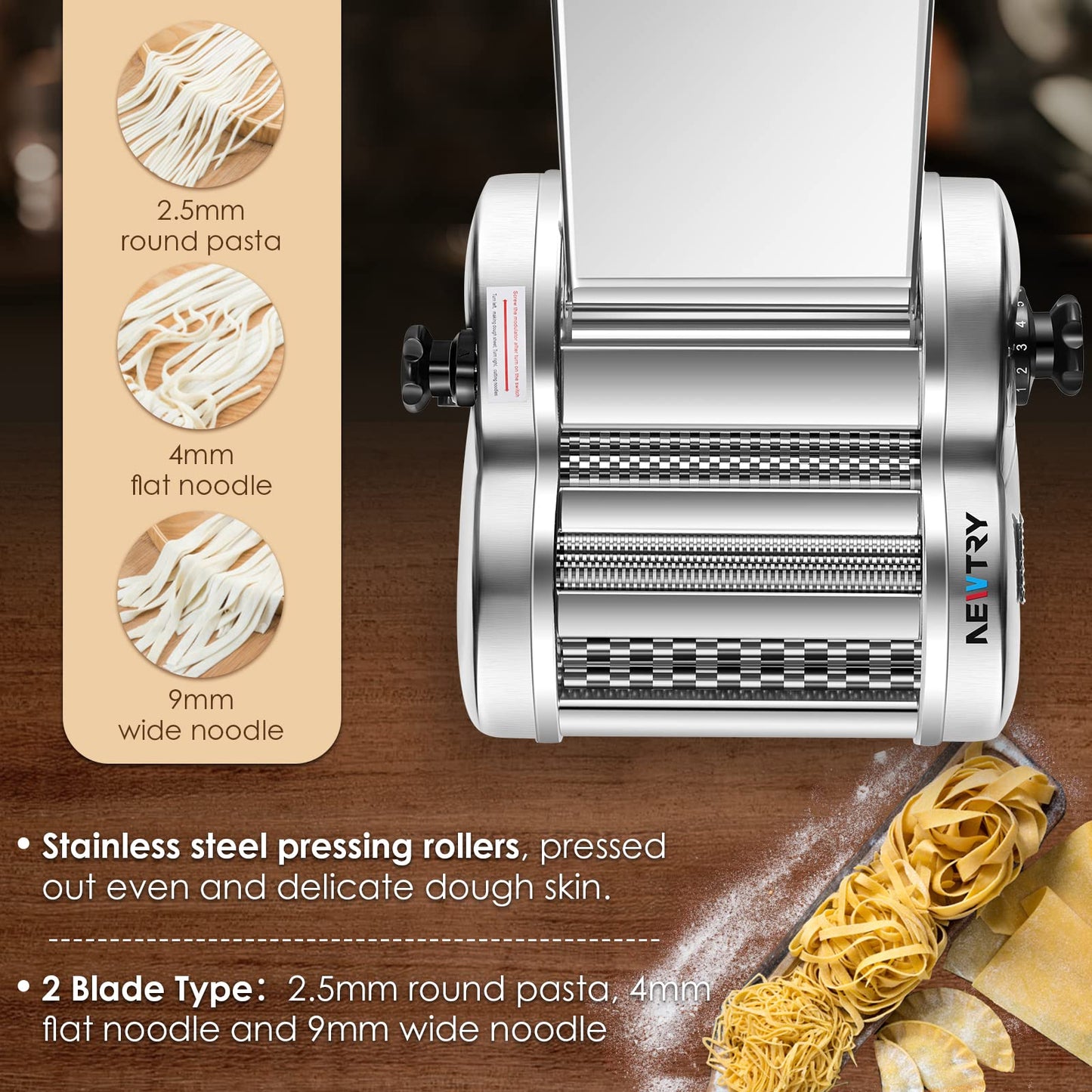 NEWTRY Electric Pasta Maker Noodle Maker Pasta Making Machine Dough Roller Cutter Thickness Adjustable Stainless Steel US 110V for Family Use 3 Blades Type