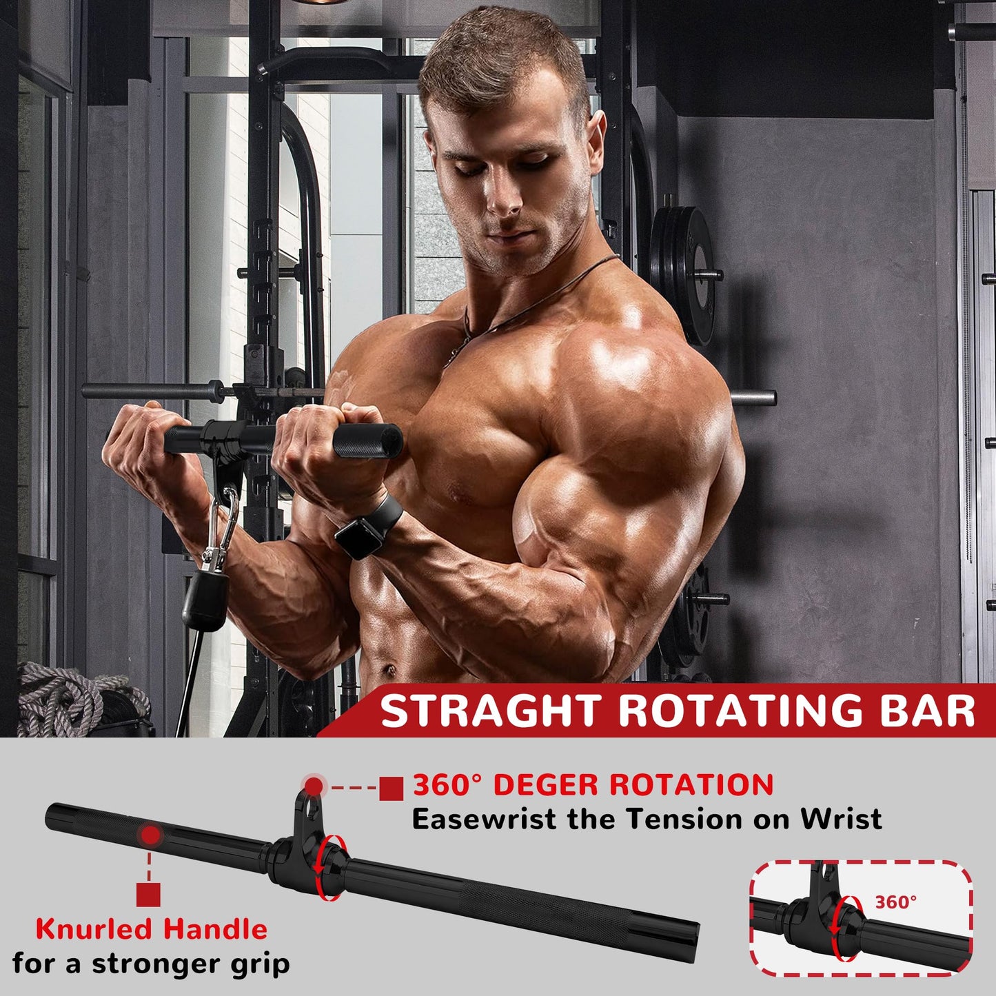 Fitvids Cable Machine Attachment – Tricep LAT Pull Down Cable Attachment for Gym – 4-Piece Set-Black – Black