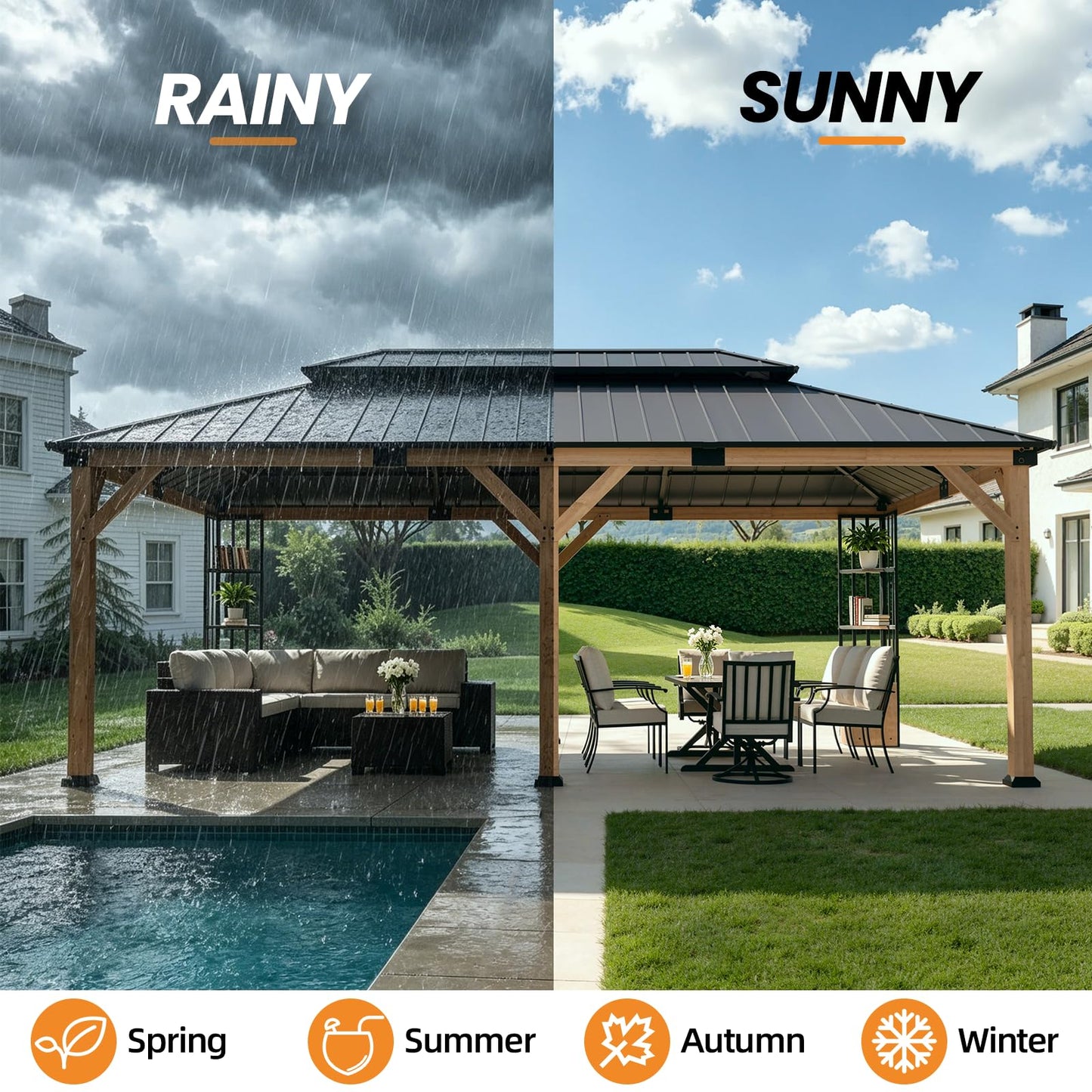 ALAULM 12'x20' Hardtop Gazebo, Outdoor Wood Pergola with Double Metal Roof Metal Corner Frame Shelves Storage,Outdoor Pavilion for Patio, Backyard, Deck,Natural