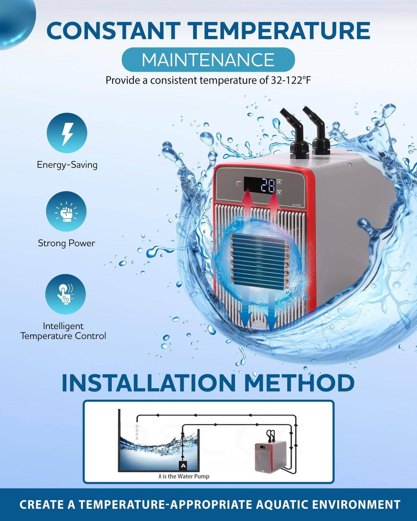 Erfolkerz 1/10 HP Aquarium Chiller– 42gal (160L). for Axolotls, Fish Tanks, hydroponics. Sea & Fresh Water Compatible. Includes Pump, nozzles & Hoops. Ideal for Coral & Shrimp 110V