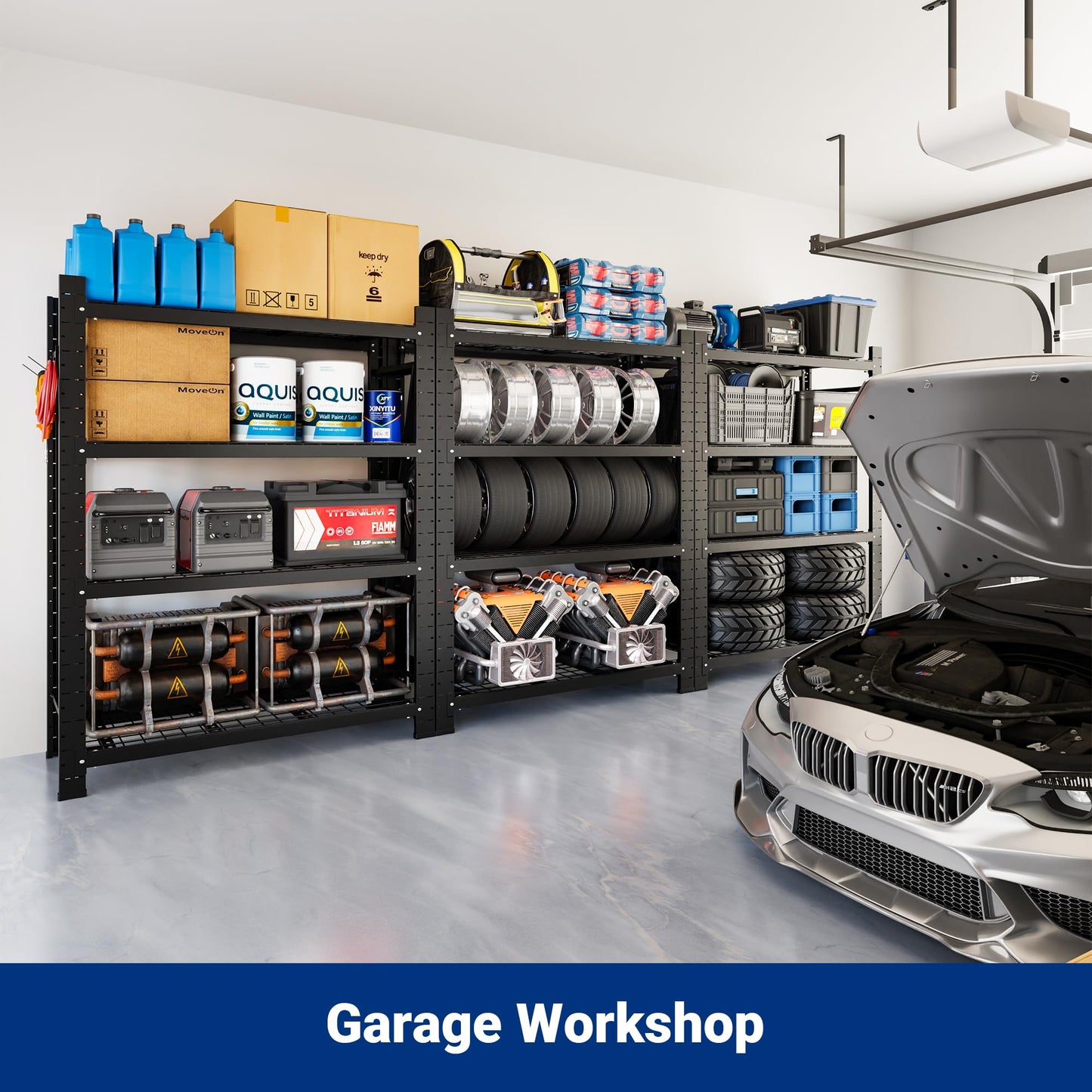 FLEXIMOUNTS Garage Shelving Heavy Duty, 49.6" W 4-Tier 10000LBS Industrial Shelving Unit with 4 Hooks, Adjustable Storage Shelves for Garage, Basement, Warehouse, 71" H x 49.6" W x 23.6" D