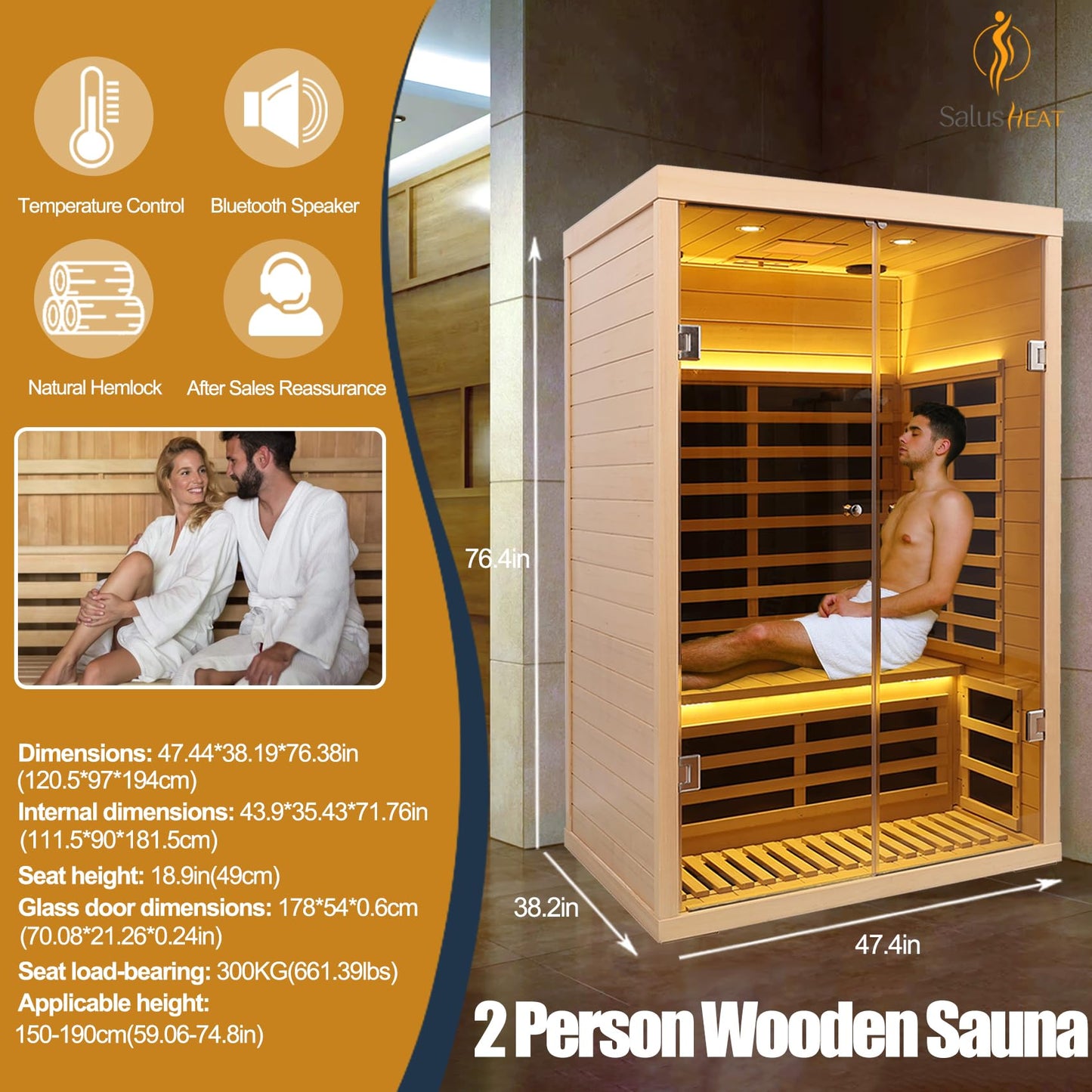 SALUSHEAT 2 Person Infrared Sauna, Low EMF Far Infrared Sauna Hemlock Wooden Sauna for Home, 1780W Indoor Sauna with App & LCD Panel Control, Tempered Glass Doors