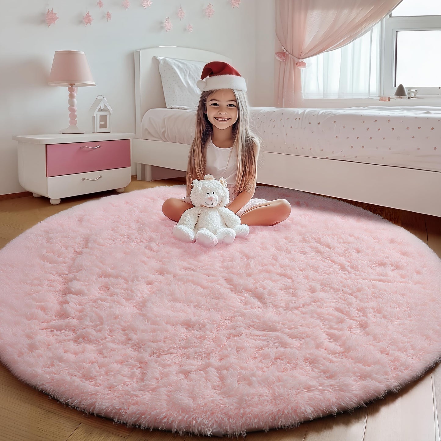 ONASAR Light Pink Fluffy Round Rugs 4ft for Girls Bedroom, Circle Area Rug for Kids Teen, Soft Plush Shaggy Circular Carpet for Nursery Dorm Classroom Playroom Living Room Home Decor Aesthetic