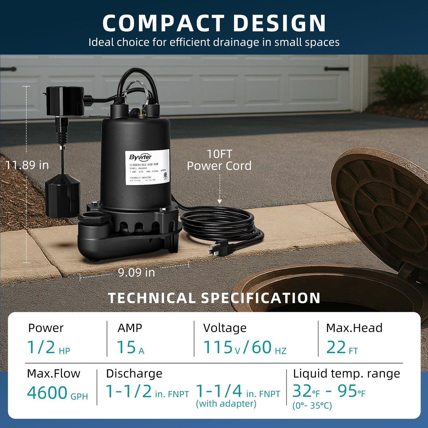 BYWTER 1/2 HP Sump Pump, 4600 GPH High Flow, 22 FT Lift, 115V Cast Iron Sewage Pump with Built-in Vertical Float Switch, Heavy Duty Sewage/Effluent Pump for Basement, 10 FT Power Cord