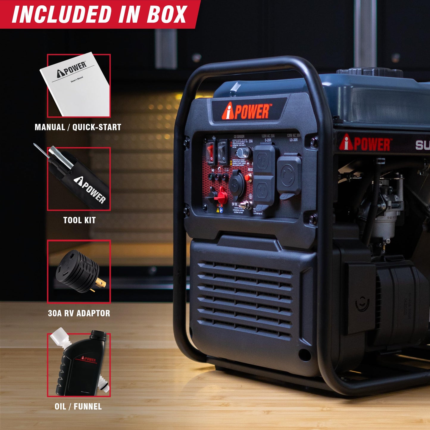 A-iPower 4600W RV-Ready Quiet Portable Inverter Generator Gas Powered, Ultra-lightweight Open Frame Power Supply for Tailigating/Home Backup, CO Sensor