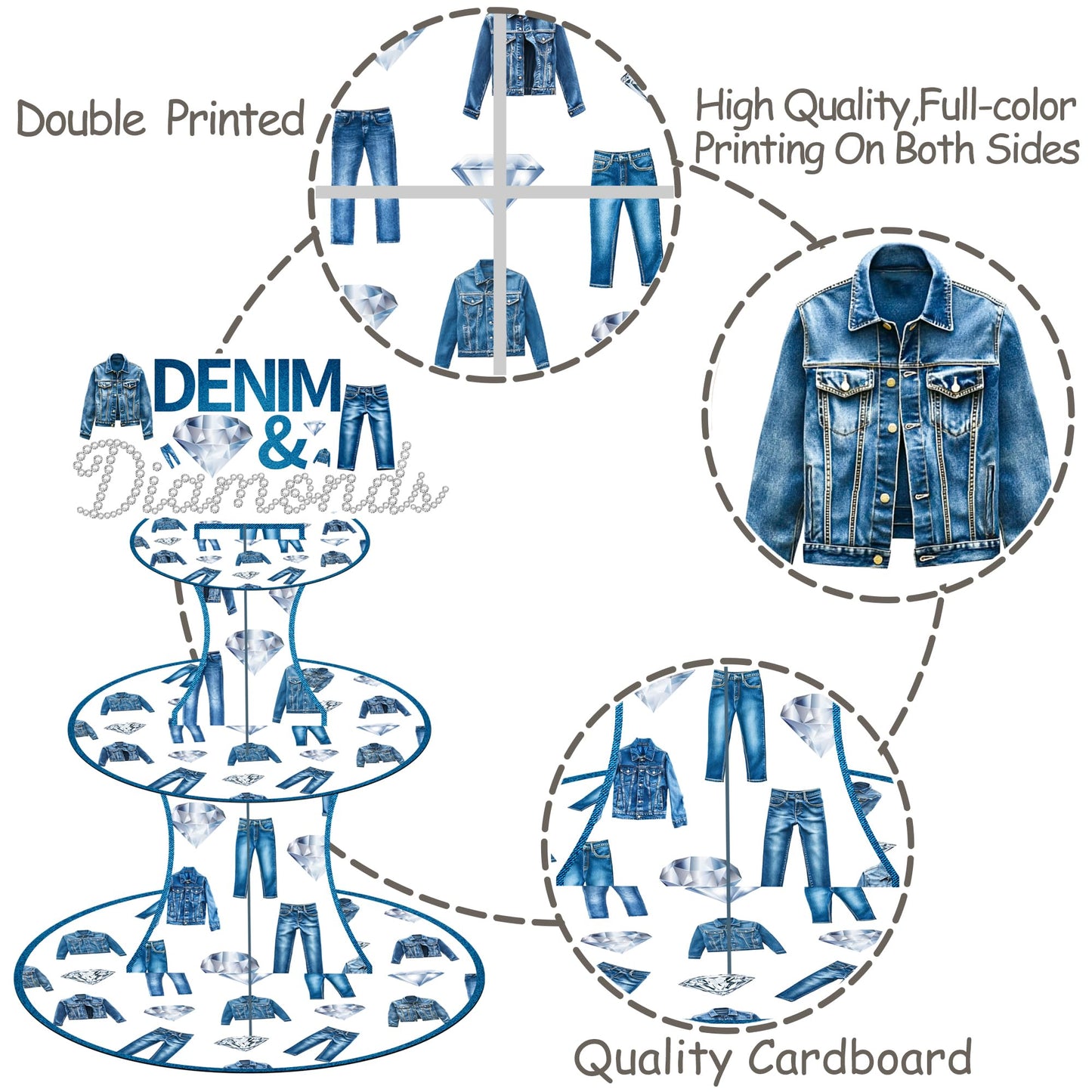umoni Denim and Diamonds Cupcake Stand 3-Tier Denim Jean Cupcake Holder Denim Themed Party Dessert Tower for Crystal Diamonds Party Supplies