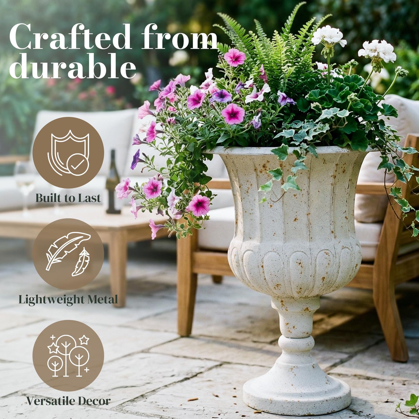 Worth Garden 25" H. Metal Urn Planters 2-Pack - White Classic Antique Iron Plant Pots - Large Decorative Rustic Flower Pots for Outdoor Use - Traditional Urn Planter for Patio, Front Porch