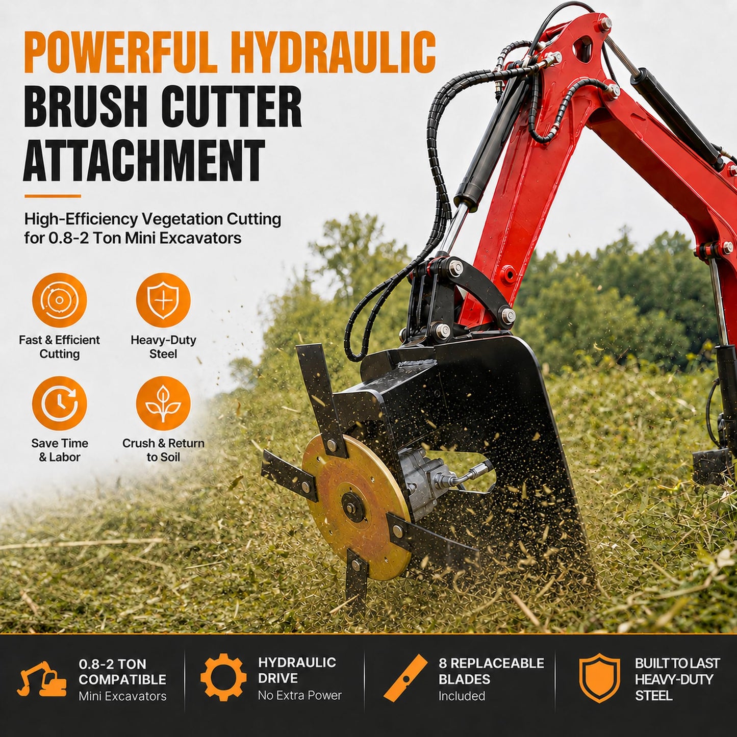 Echo Ridge Generic Hydraulic Mini Excavator Grass Cutter Attachment - Heavy-Duty Steel Mower Accessory for 0.8-2 Ton Mini Excavators (Includes 8 Blades)