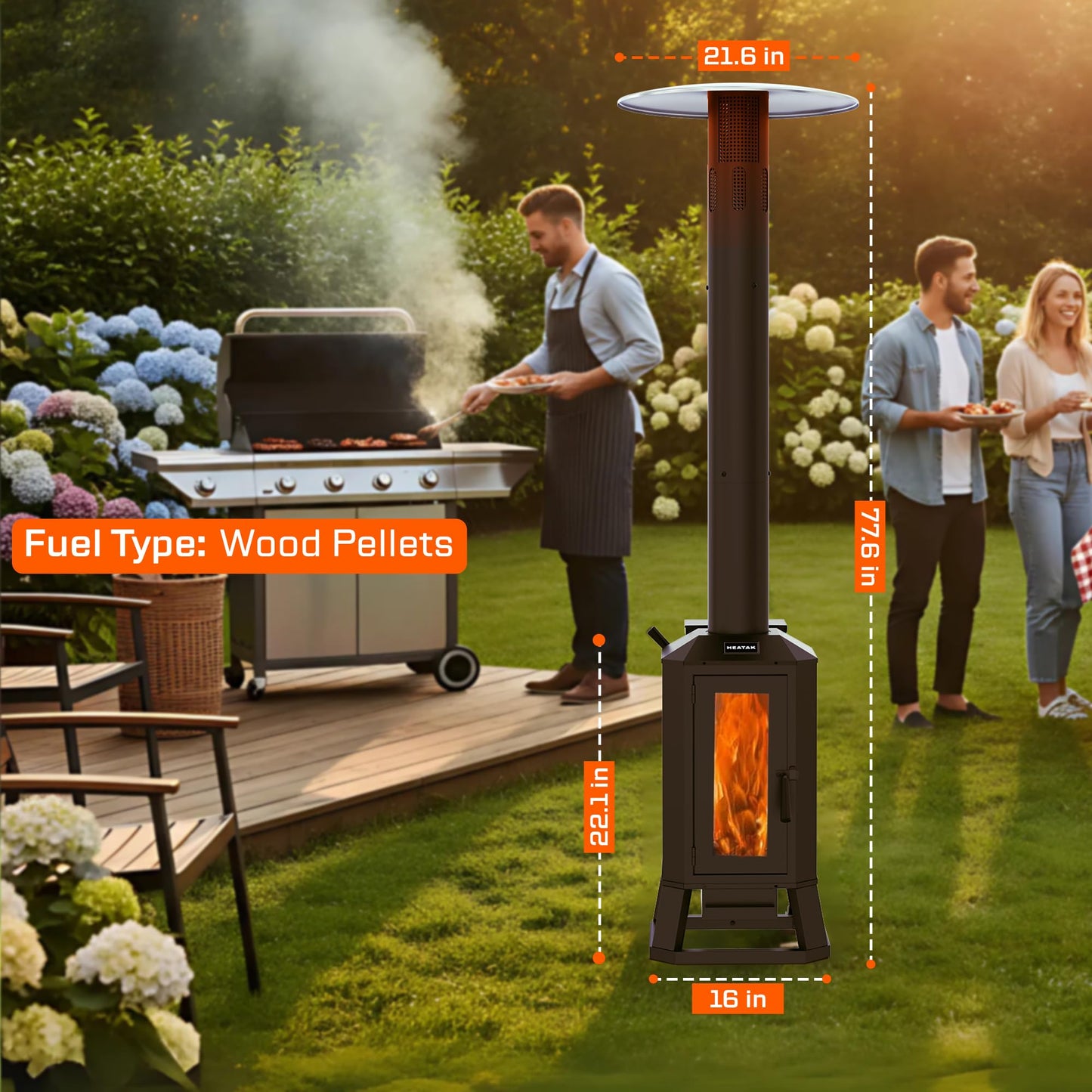 70,000 BTU Wood Pellet Outdoor Patio Heater with Glass Viewing Window – Pellet Heaters for Outdoor Use, Home, Gardens & Commercial - Portable with Wheels – Black