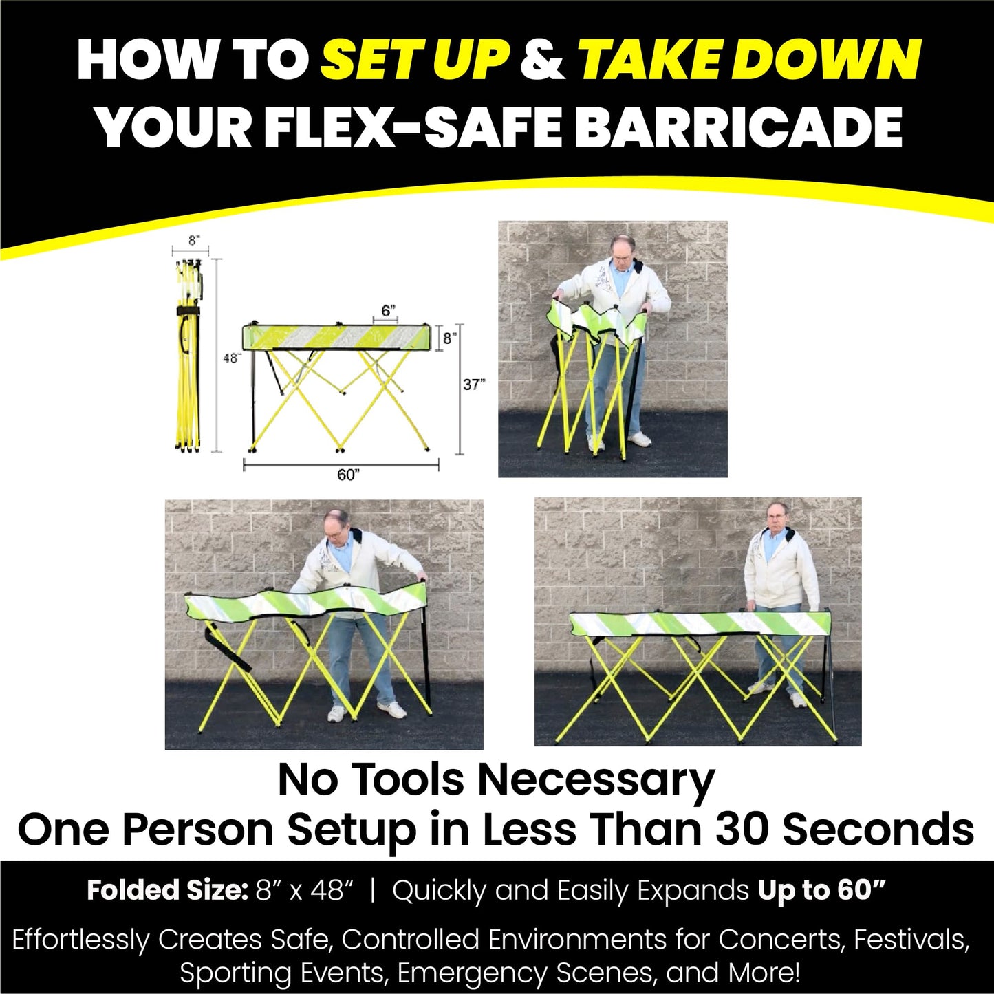Flex-Safe - Flex-Safe Safety Barriers, Portable Expandable Barricade 5 ft Traffic Barricade Parking Barrier Folding Security Gate Scissor Gate Traffic Cones Alternative High Vis Yellow