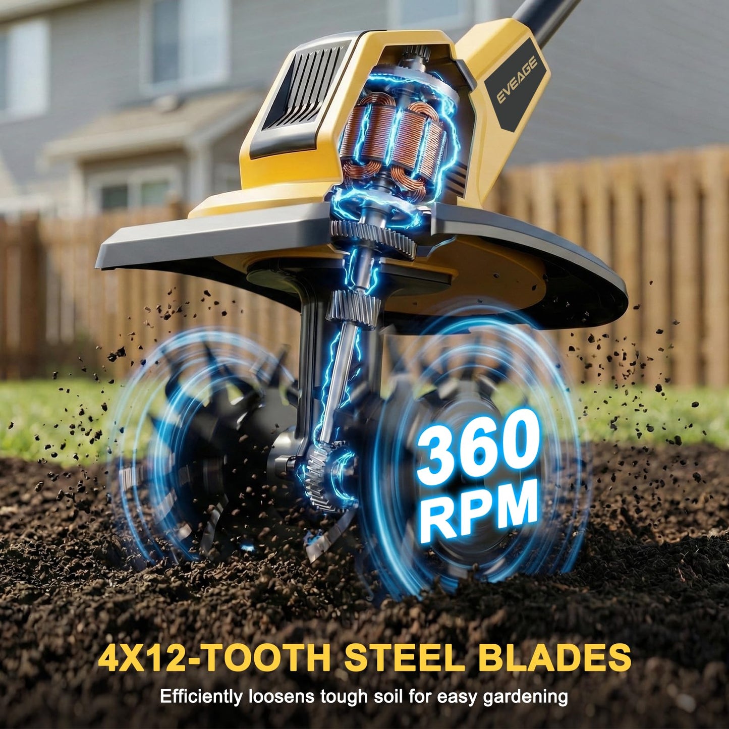 21V Cordless Tiller Cultivator, 2x4.0Ah Battery Powered Electric Garden Tiller, 360RPM Rototiller with 48 Steel Tines, 9.7" Width & 7" Depth, Lightweight Soil Tiller for Gardening