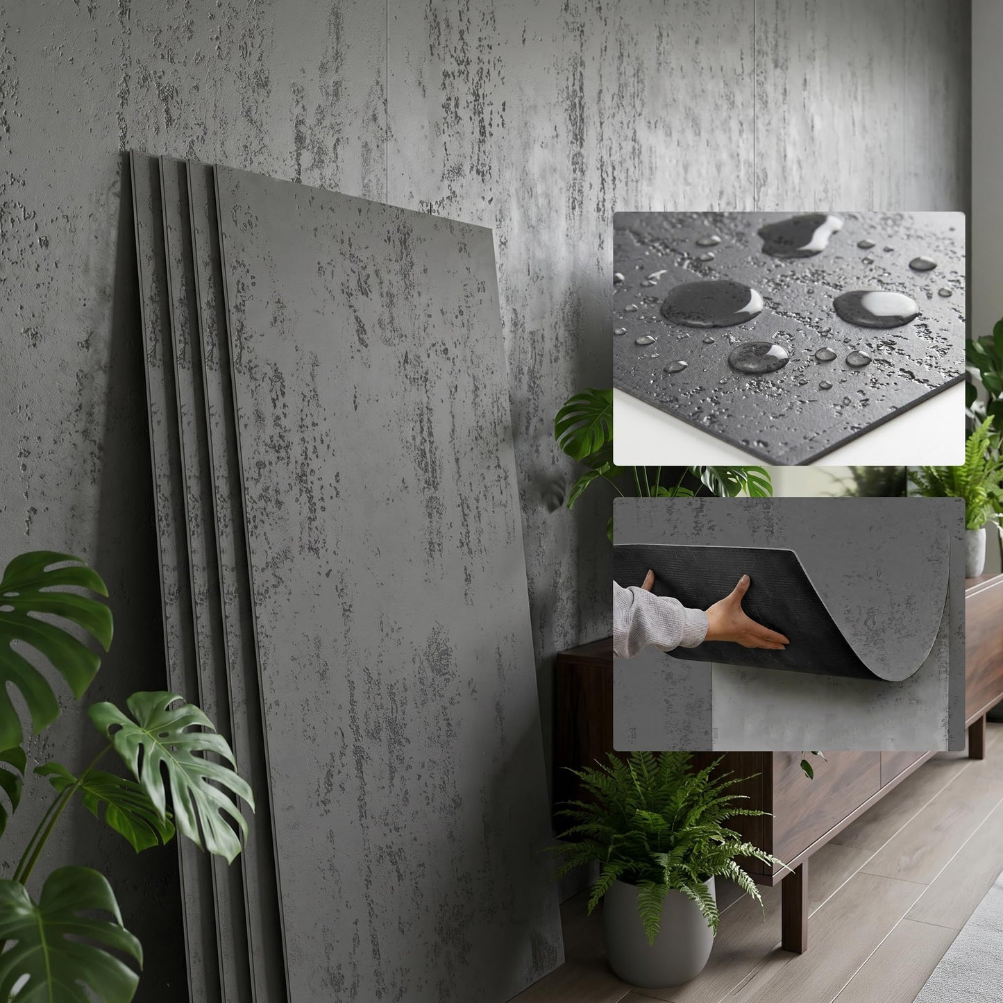 KASARO 3D Faux Stone Wall Panels, 4 PCS MCM Flexible Wainscoting Panels for Exterior/Interior Decor, Modified Clay Material, Accent for Home, Art, Commercial, Cement Grey, 47.2 × 23.6 inch