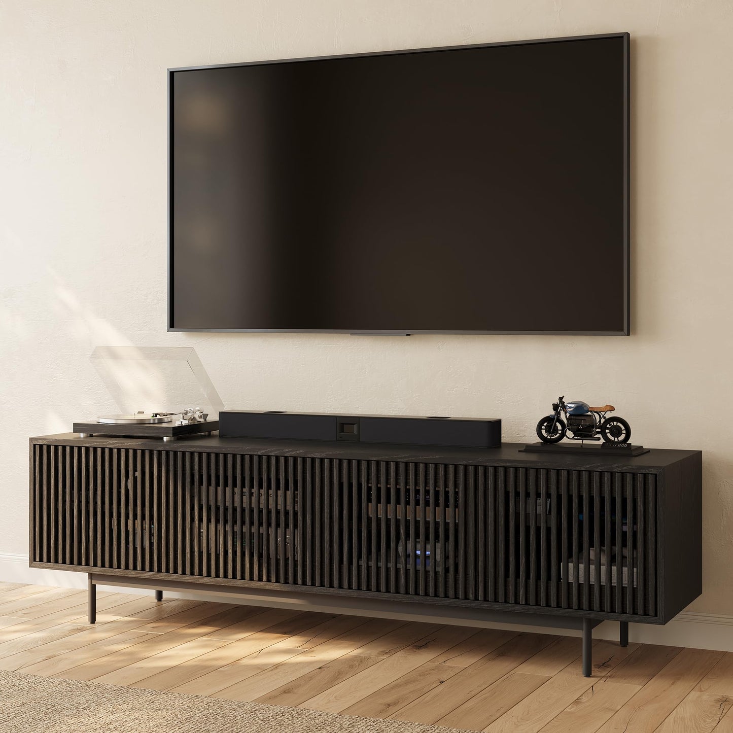 POVISON Mid-Century Modern TV Stand with Slatted Doors, Fully Assembled 78.74" Wood Media Console, TV Console with Tall-cast Metal Legs, Entertainment Center with Storage for Living Room