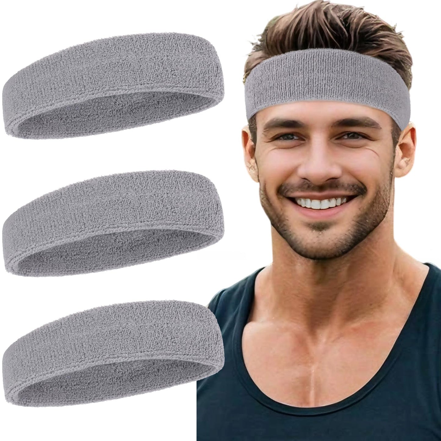 Sweatbands Sports Headbands for Men & Women Terry Cloth Moisture Wicking Cotton Sports Sweatband for Working Out, Athletic Exercise, Basketball, Football, Cycling (Gray)