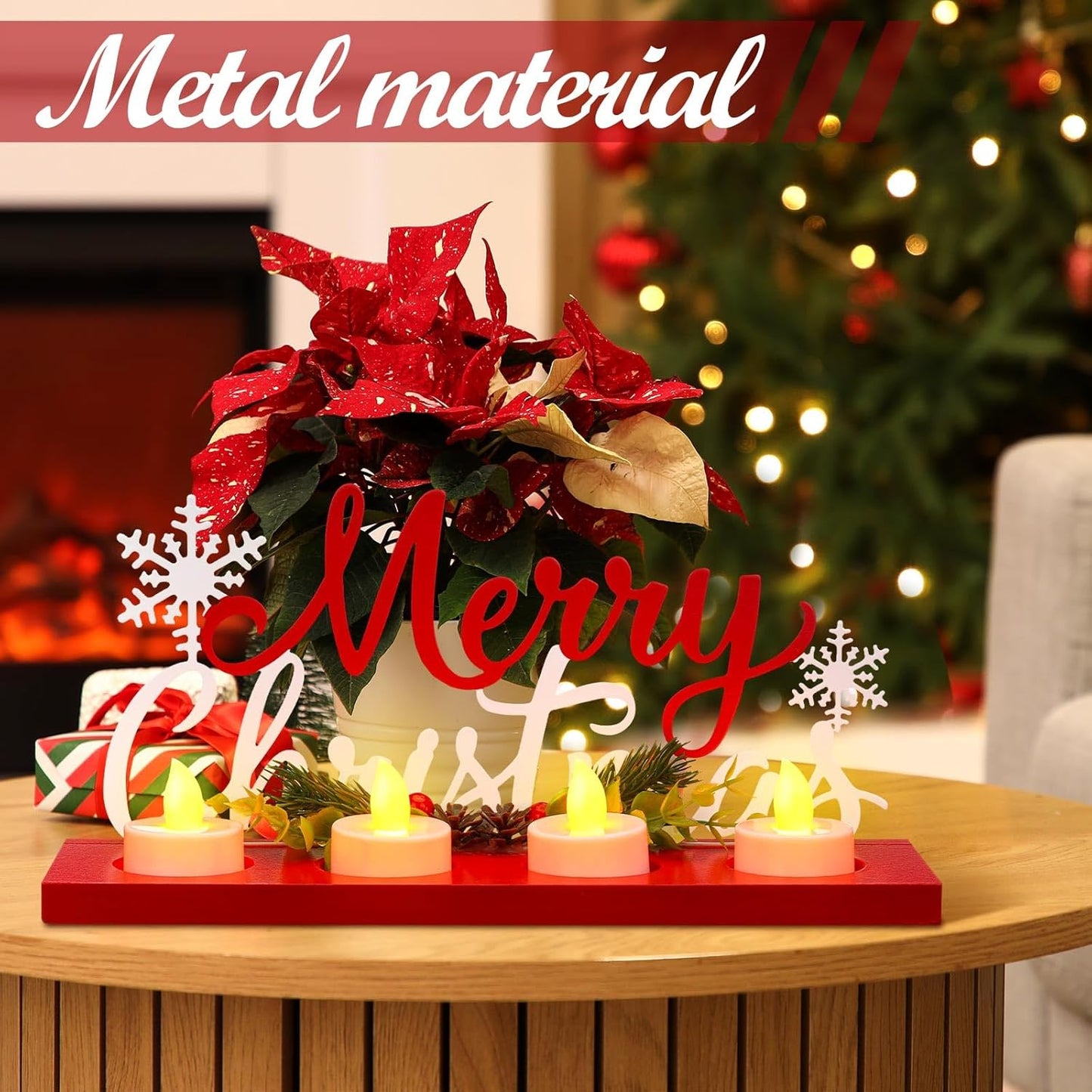 Rossesay Flameless Tea Light Candle Stand - Merry Christmas Table Centerpiece Decoration | Holiday Gift