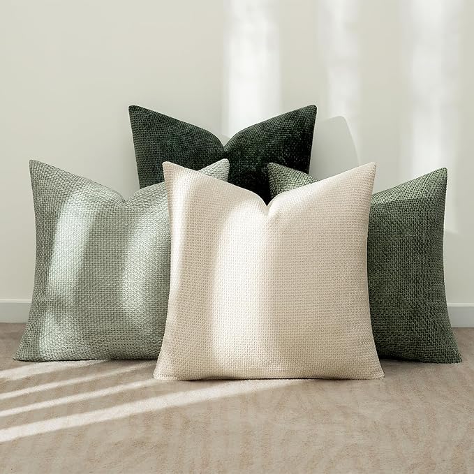MIULEE Pack of 4 Couch Throw Pillow Covers 22x22 Inch Neutral Green Soft Decorative Chenille Pillow Covers Farmhouse Accent Cushion Covers for Boho Spring Home Decor Sofa Bedroom Living Room