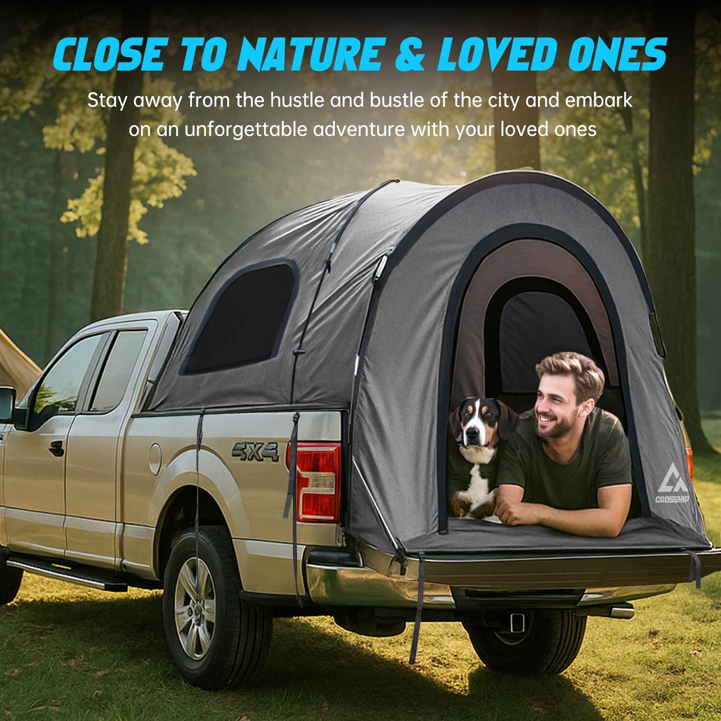 CROSSHIP 2-Person Truck Bed Tent with Awning, PU3000mm Waterproof Canopy with Insect-Prevention Mesh, Durable Anti-Tear Fabric, Easy Setup for Pickup Trucks (Fits 5.5–6ft Beds)