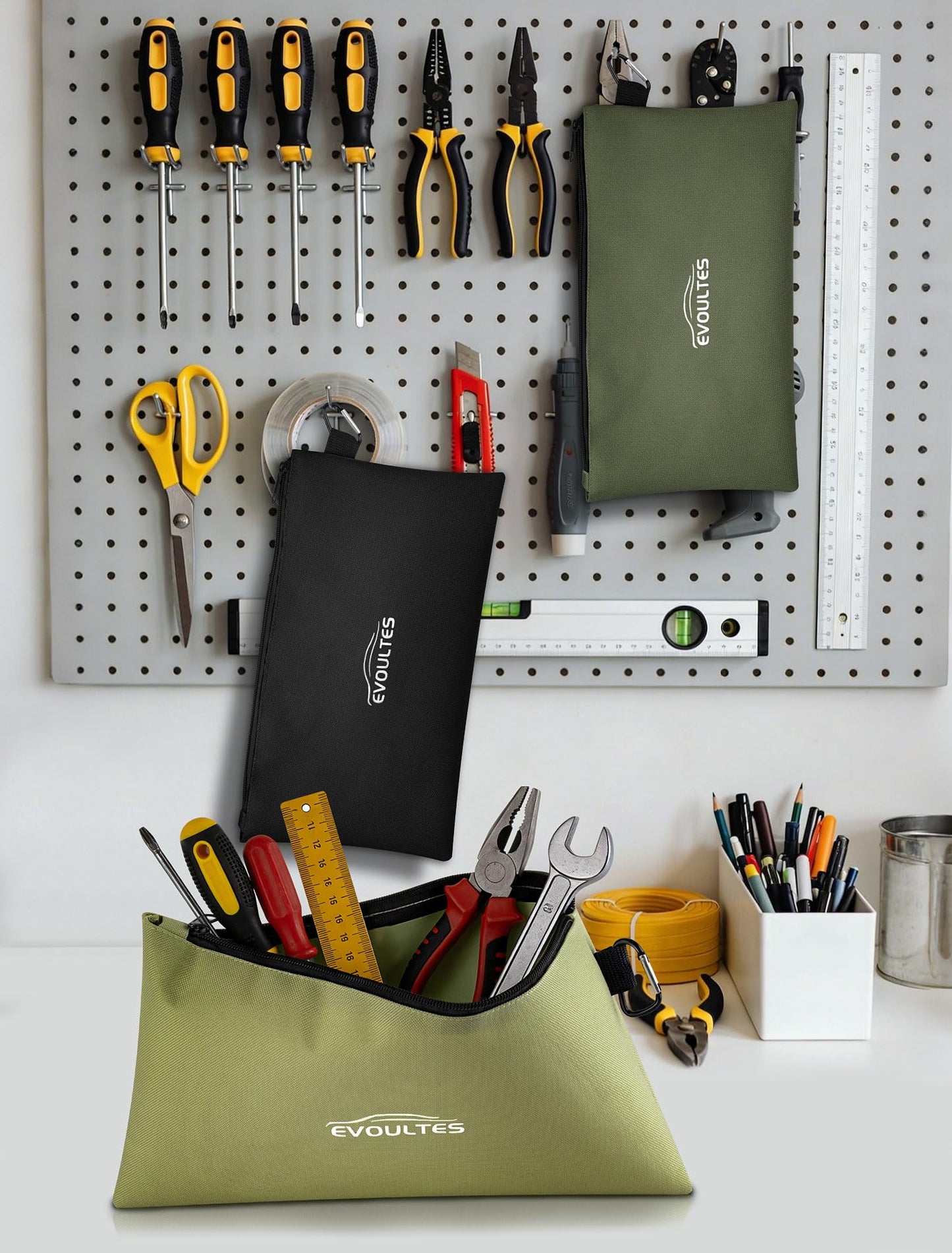 EVOULTES 12 Inch Tool Pouches with Zipper, Small Tools Bags with Carabiner, Multi Purpose Utility Organizer Bags for Tools (3 Pack in Tan, Navy Green, Black)