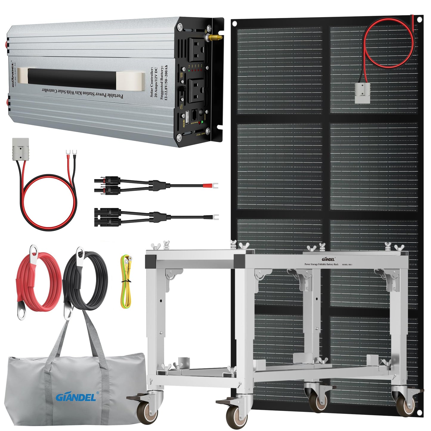 GIANDEL Solar Kits Includes 150 Watt Solar Panel Foldable,1200 Watt Solar Inverter with 20A PWM Solar Charge Controller,Battery Storage Rack,Portable for Outdoor Usage,Camping, Off Grid Solar System