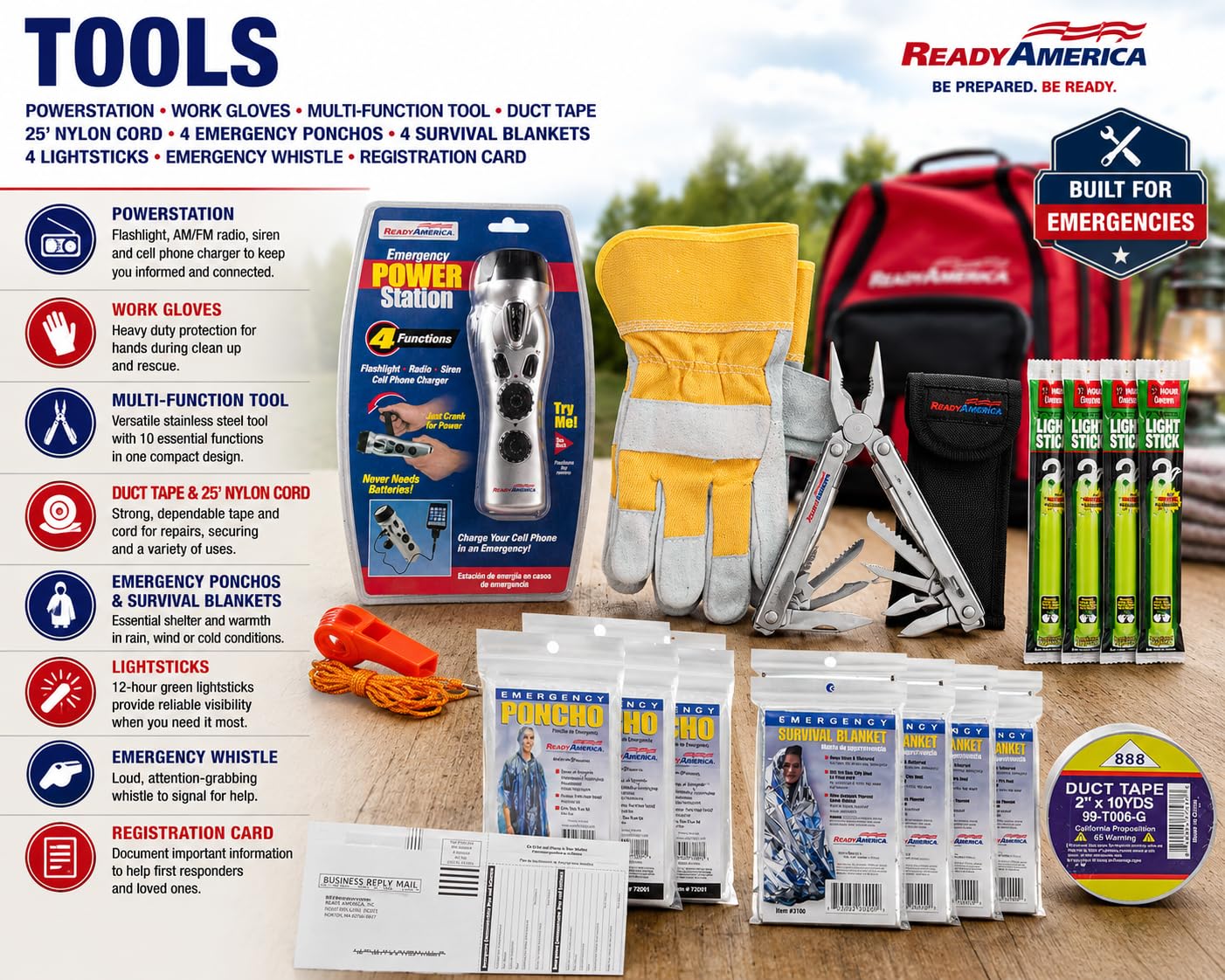 Ready America 72 Hour Deluxe Emergency Kit, 4-Person 3-Day Backpack, First Aid Kit, Survival Blanket, Power Station, Emergency Food, Portable Disaster Preparedness Go-Bag for Earthquake, Fire, Flood