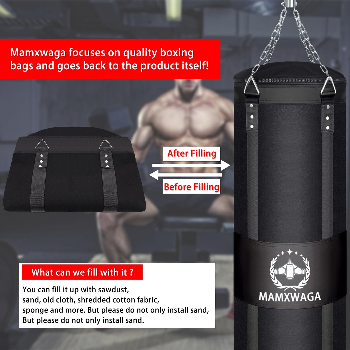Mamxwaga 4FT Canvas Punching Bags for Adults, Hanging Heavy Boxing Bag for Kickboxing Karate Taekwondo Muay Thai Training, Max Load-Bearing 180 Lbs (Unfilled)