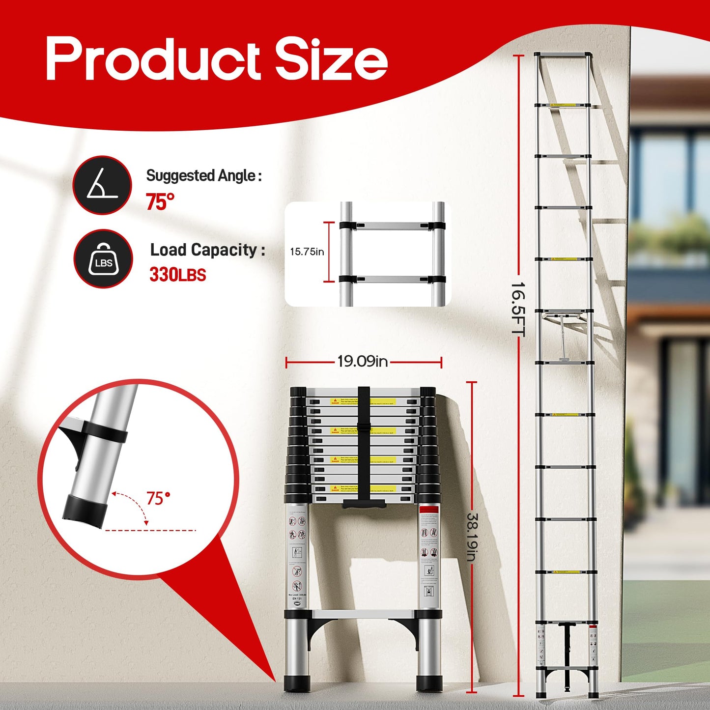 SEEKNEW Telescoping Ladder, 16.5 FT Aluminum Extension Ladder, 330 lbs Capacity with Triangular Stabilizers, Portable Collapsible Ladder for Roof, Home and RV; Silver