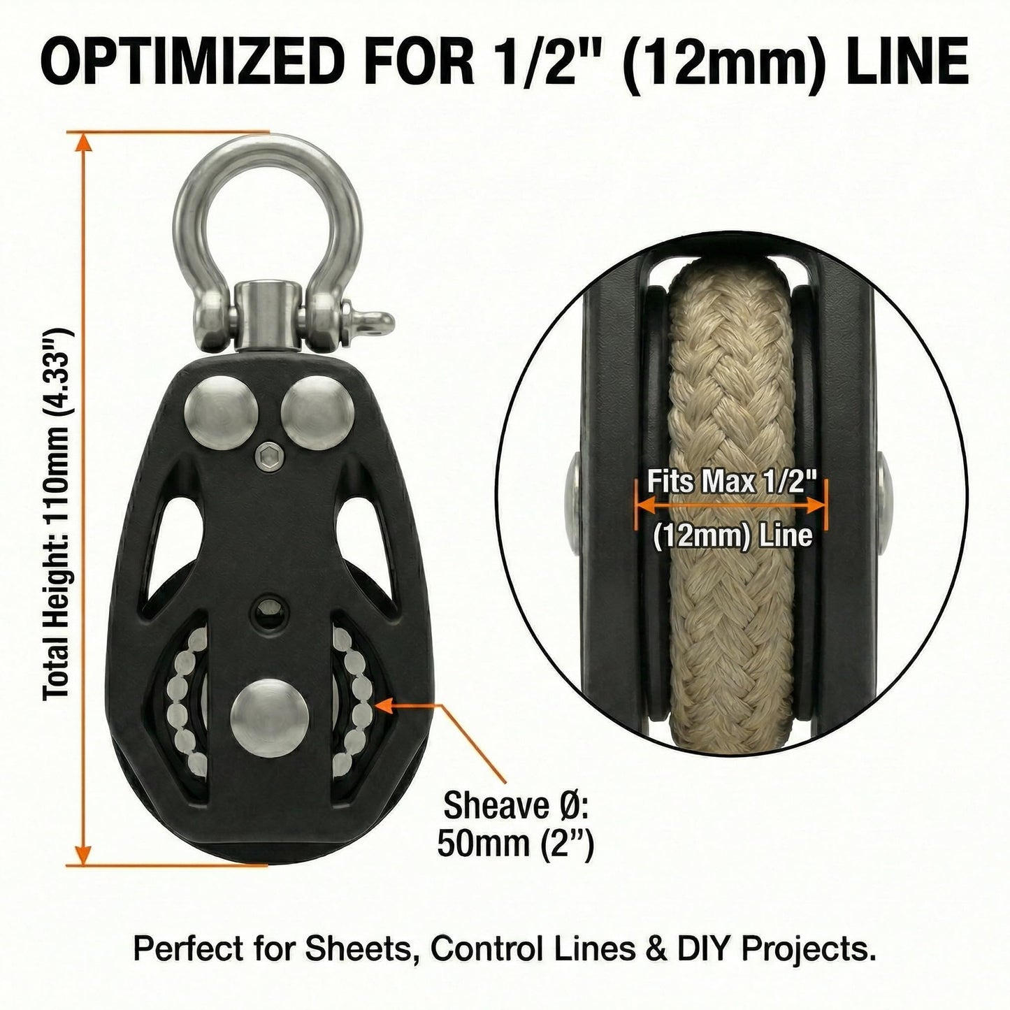 RiaYer 50mm Heavy-Duty Single Swivel Sailing Block with Ball Bearings, T316 Stainless Steel & PA66 Nylon Marine Pulley, 3100 lbs Breaking Load, High-Load Rigging Hardware (1-Pack)