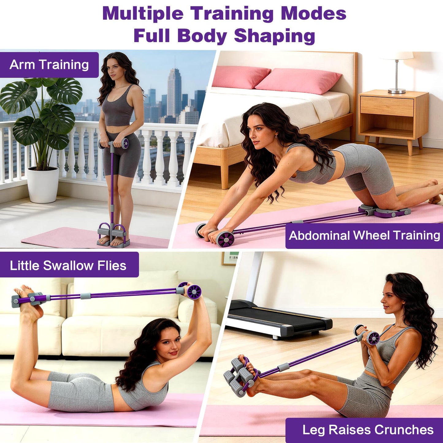 Resistance Bands with Handles, 6 Tube Pedal Resistance Band for Exercise, Dual Pedal Adjustable Resistance, Ab Roller Handle Full Body Home Workout Equipment for Abs, Legs, Arms, Women (Purple)