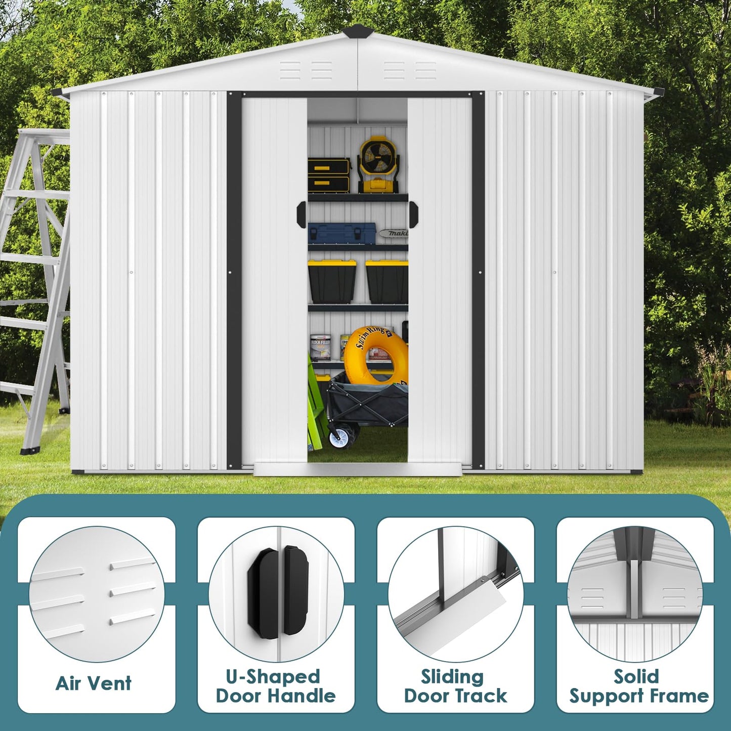 CrownLand Outdoor Vented Backyard Garden Storage Shed 6X8 Feet Tool House with Sliding Door Outdoor Lawn Steel Roof Sheds (White)