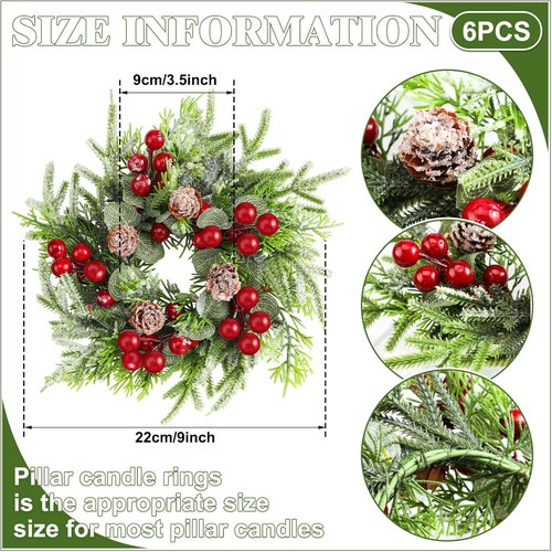 Lyrow Christmas Candle Rings - 6 Pcs Mini Wreaths with Artificial Berries & Snowy Pine | Festive Home Decor