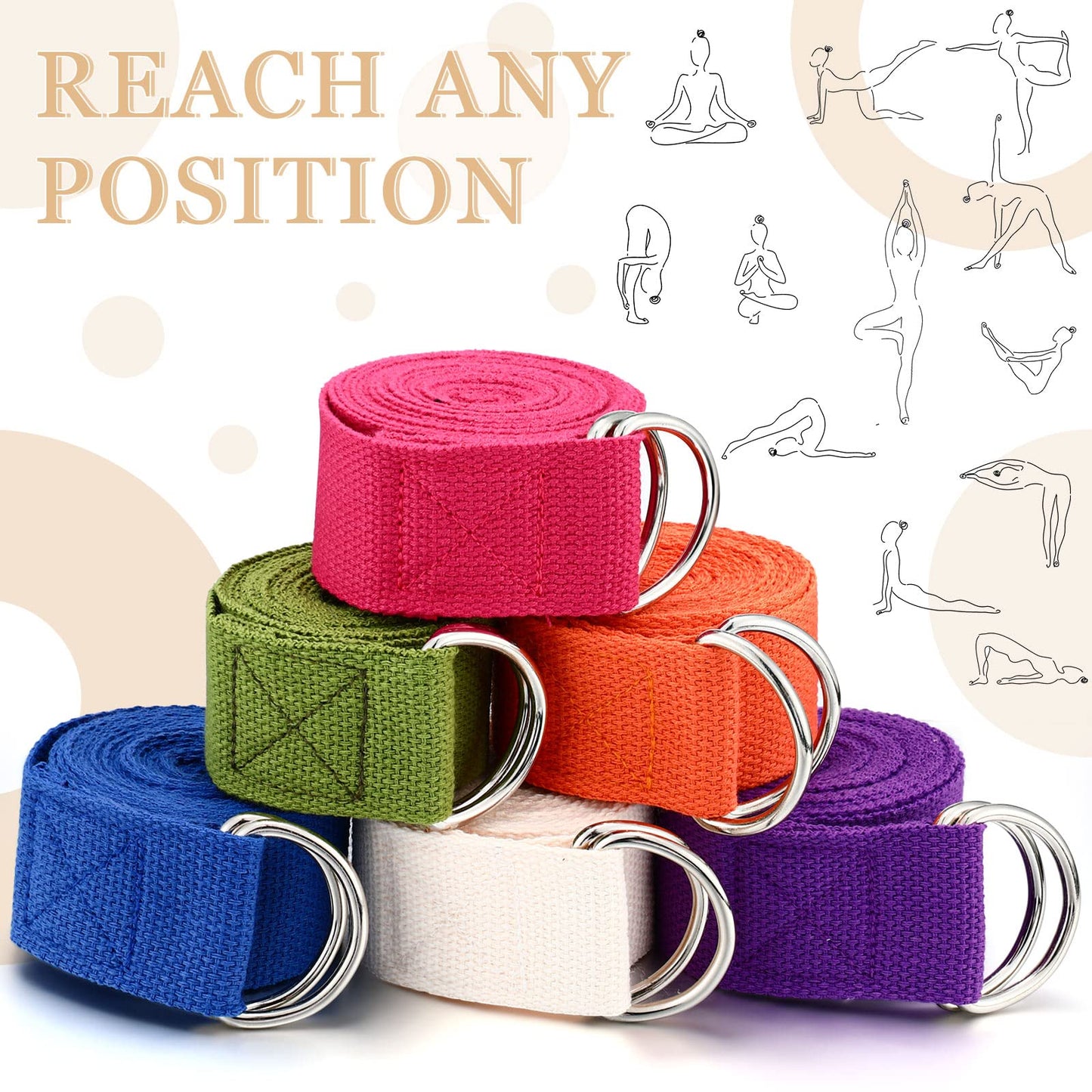 6 Pcs Yoga Strap for Stretching 8 Ft Yoga Exercise Adjustable Straps Bands with Safe Adjustable D Ring Buckle for Pilates Gym Workouts Fitness Improves Sitting Posture(Bright Color)