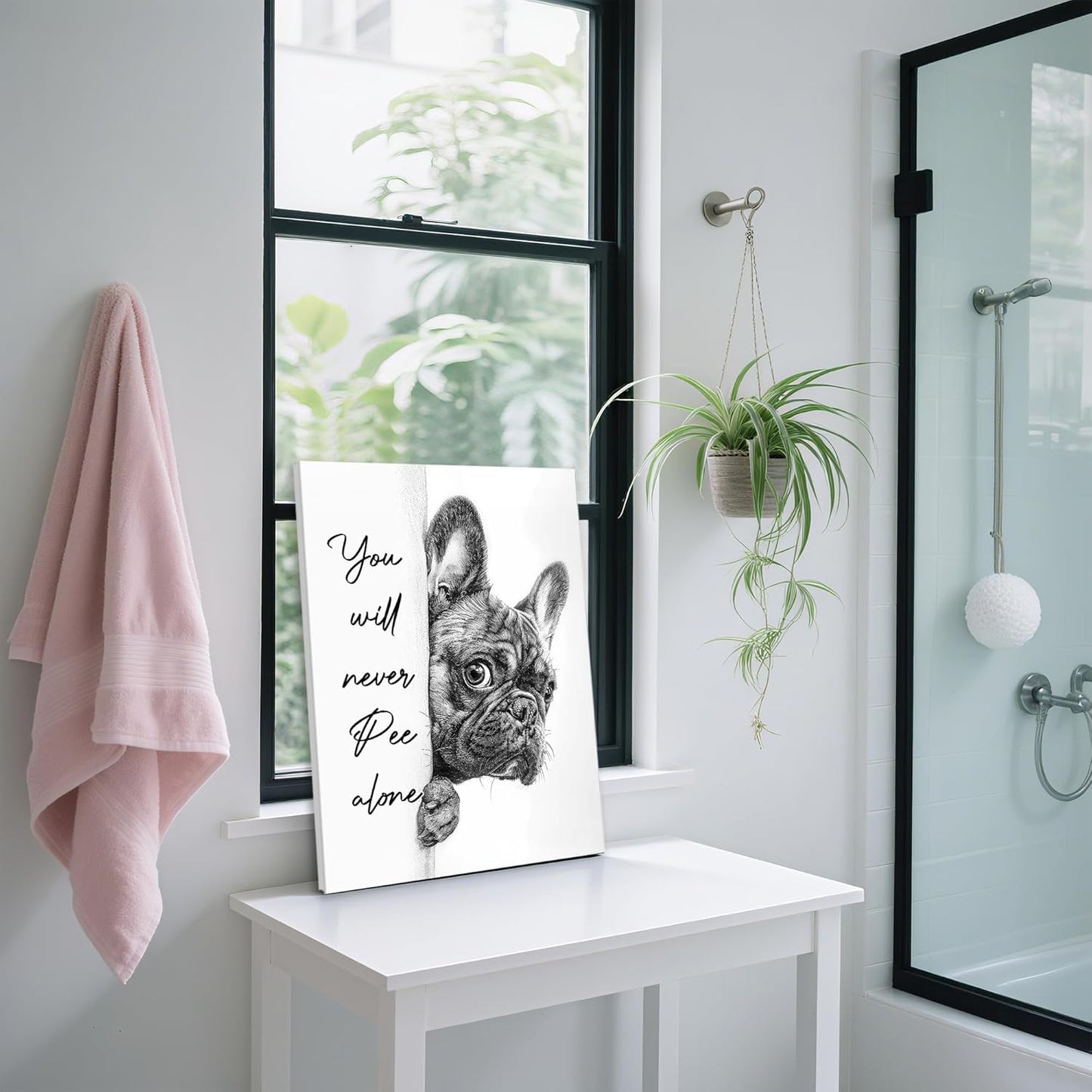 Ovczax Black And White Bathroom Canvas Wall Art - Funny French Bulldog Sign | 16" x 12" Home Decor