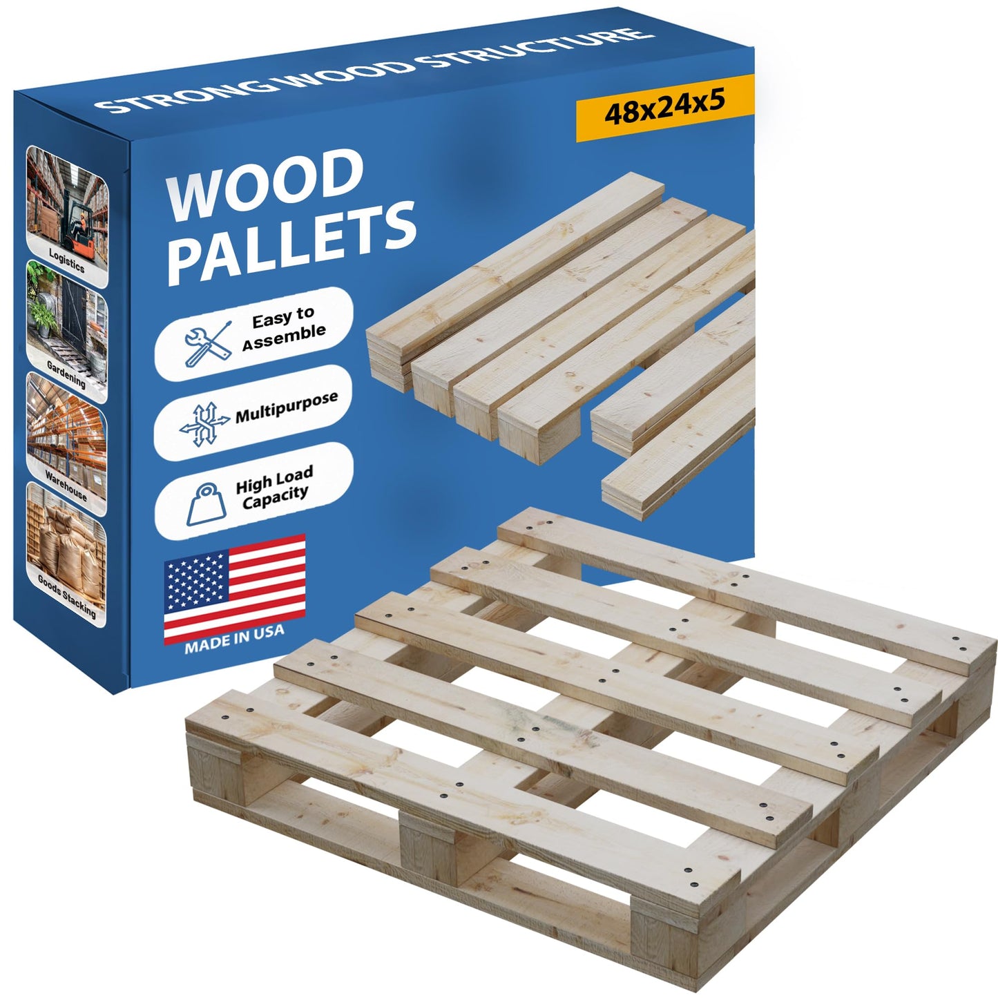 Greaton, 48x24x5 Wooden Pallet Kit, Heavy-Duty Industrial Grade Pinewood, Unassembled Flat-Pack, Stackable & Reusable, Lightweight Floor Pallet, Warehouse, Supermarket & Indoor Storage, 5-Pack