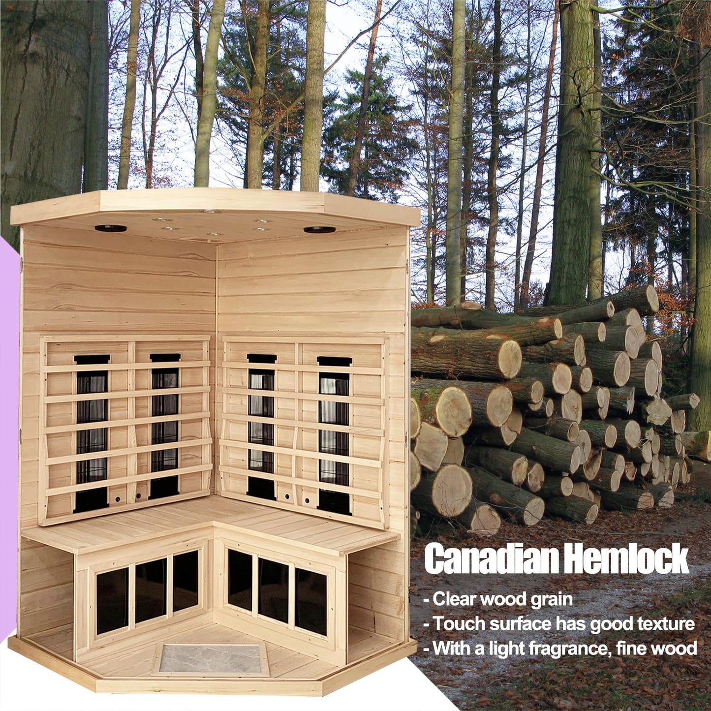 KUNSANA 2-3 Person Infrared Saunas for Home, Low EMF Ceramic Infrared Sauna, Indoor Home Sauna Spa, Hemlock Wooden Corner Suana Room, Bluetooth Speakers, Chromotherapy Lights