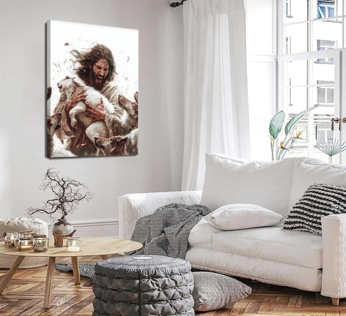 Jesus And Lamb Canvas Wall Art - Inspirational Christian Decor | 12x16 Inch Framed Painting for Living Room or Bedroom