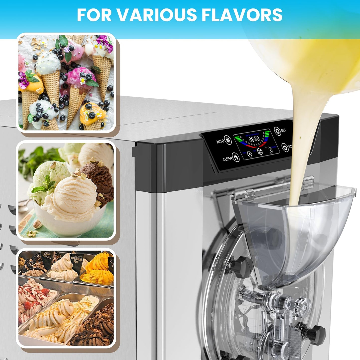 Patikuin 2000W Commercial Ice Cream Maker - Single Flavor Countertop Gelato Machine with LCD Touchscreen - 4.8-6.3 Gal/Hr Output - Automatic Cleaning - High Productivity for Snack Bars & Restaurants