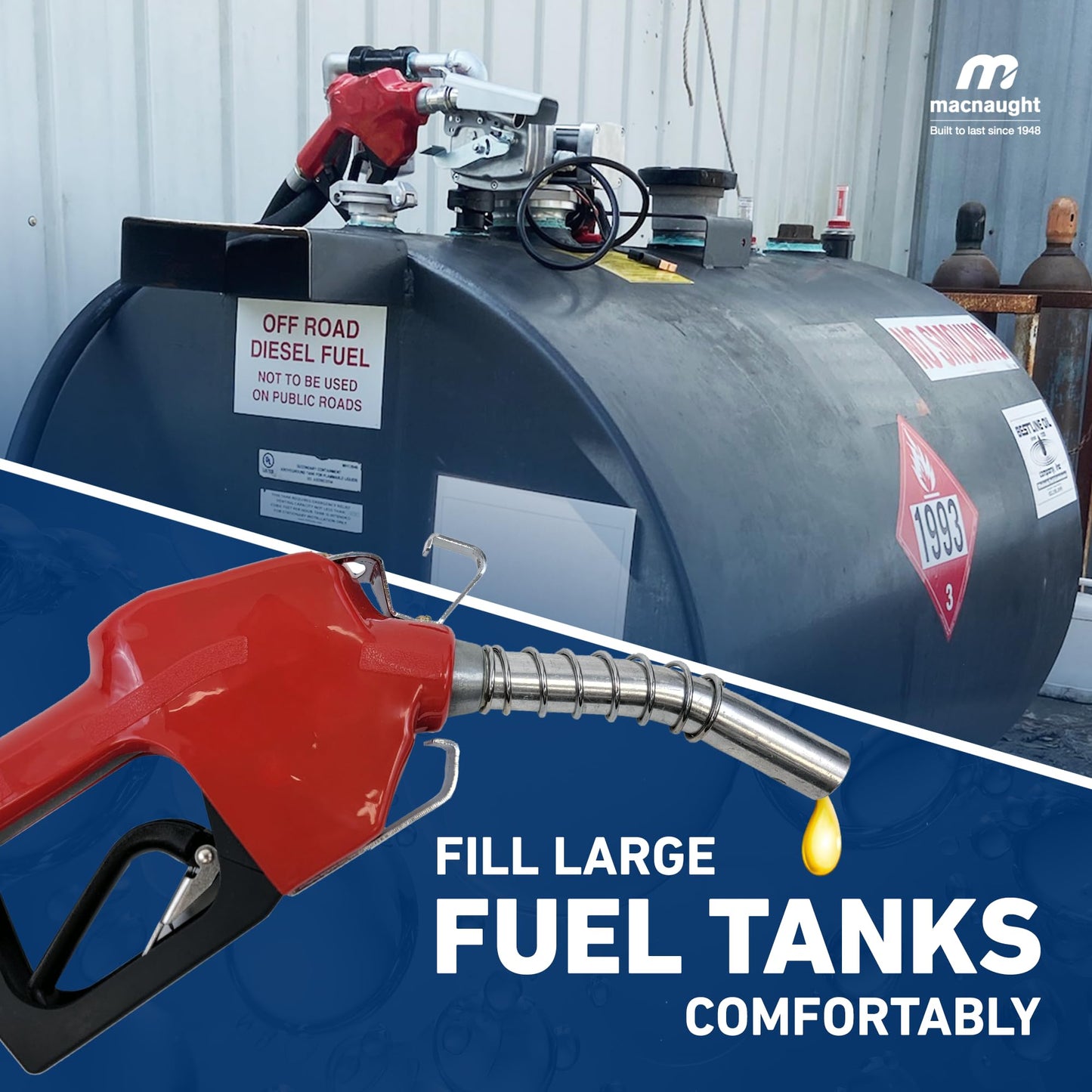 Macnaught Fuel Transfer Pump M3 120V, 20 GPM 1" High Flow Fuel Pump, Auto Shut-Off, Nozzle, Discharge Hose, Expandable to 36" Length, CSA Certified for Gasoline, Diesel, Kerosene, Mineral Spirits