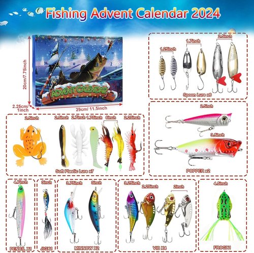 Fishing Advent Calendar 2025 - 24 Days of Christmas Countdown Fishing Lures & Tackle Set for Anglers